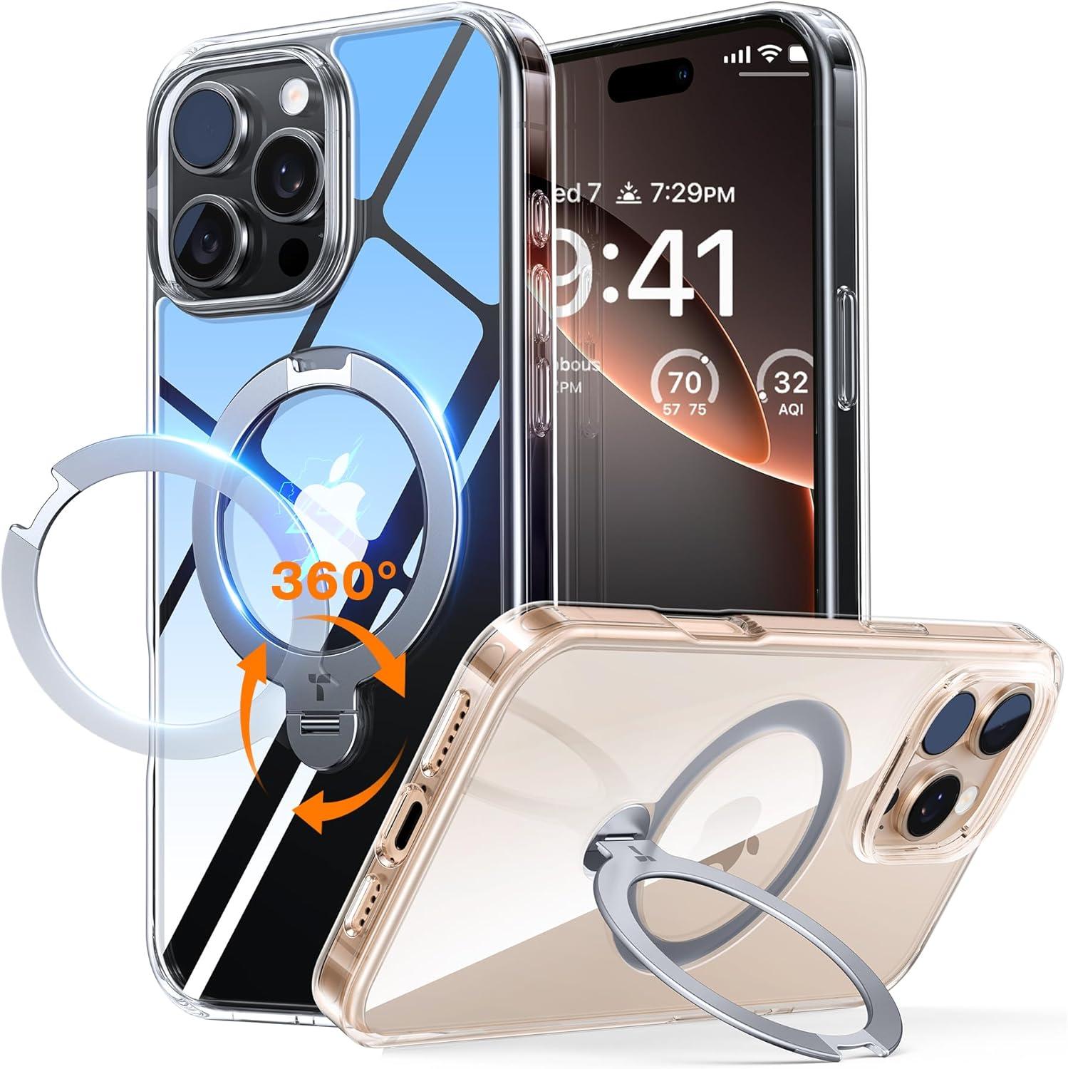 imageTORRAS 360 Spin Magnetic Stand for iPhone 16 Case 61 inch Compatible with Magsafe 12FT Military Grade Protection Shockproof Slim Case for iPhone 16 Phone Case with Kickstand amp Ring Holder BlackClear