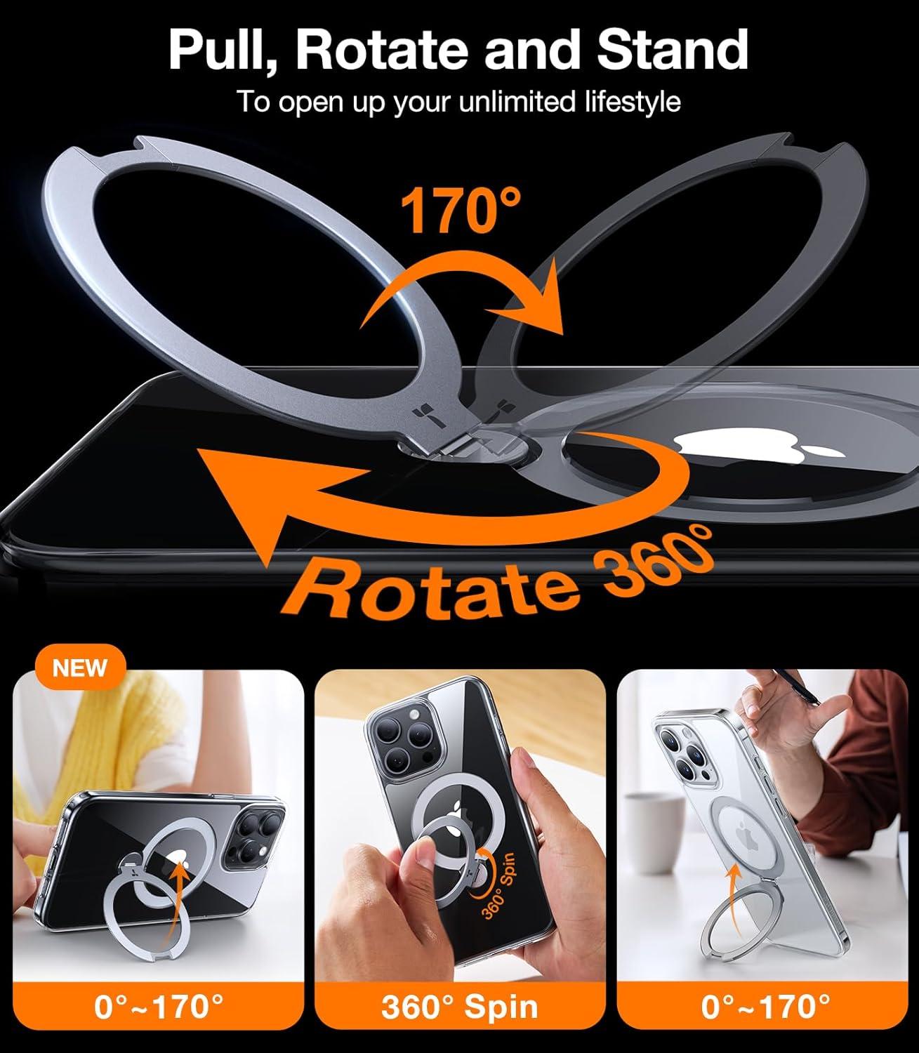 imageTORRAS 360 Spin Magnetic Stand for iPhone 16 Case 61 inch Compatible with Magsafe 12FT Military Grade Protection Shockproof Slim Case for iPhone 16 Phone Case with Kickstand amp Ring Holder BlackClear