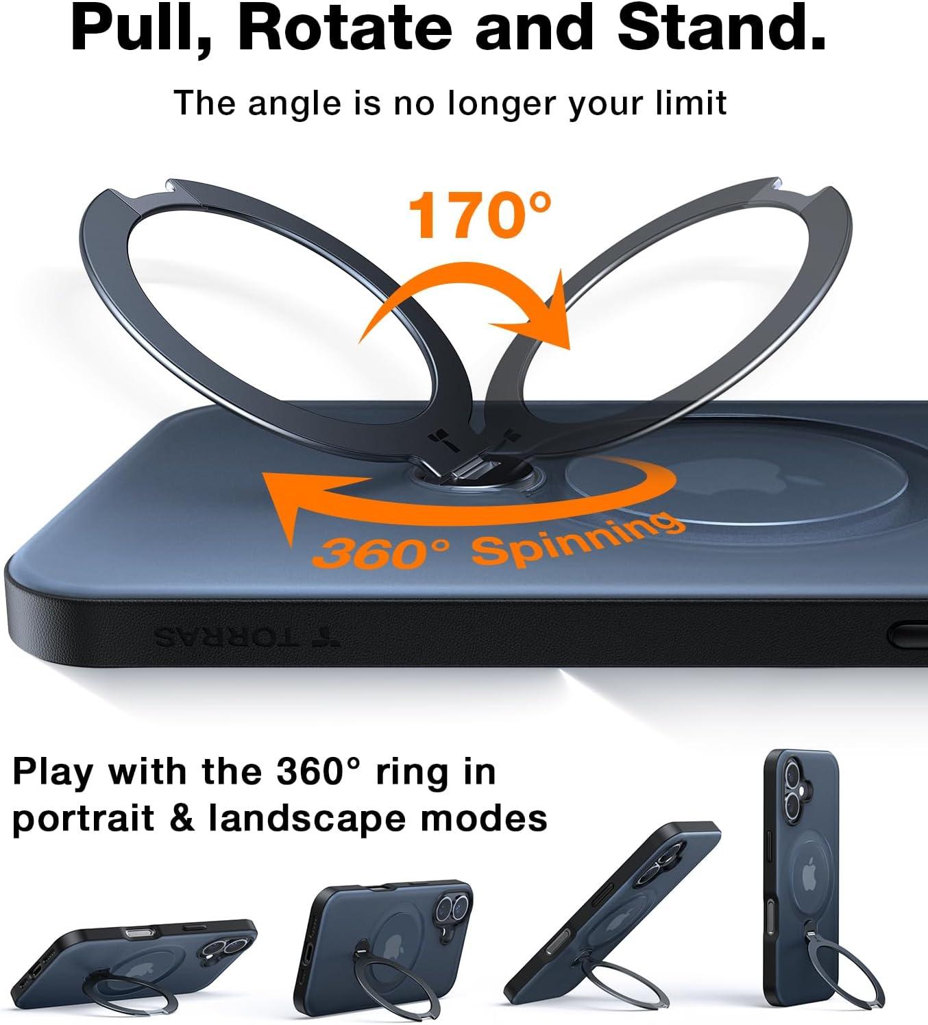 imageTORRAS 360 Spin Magnetic Stand for iPhone 16 Case 61 inch Compatible with Magsafe 12FT Military Grade Protection Shockproof Slim Case for iPhone 16 Phone Case with Kickstand amp Ring Holder BlackBlack