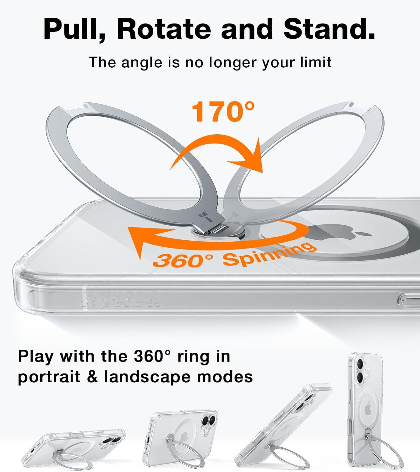 imageTORRAS 360 Spin Magnetic Stand for iPhone 16 Case 61 inch Compatible with Magsafe 12FT Military Grade Protection Shockproof Slim Case for iPhone 16 Phone Case with Kickstand amp Ring Holder BlackClear