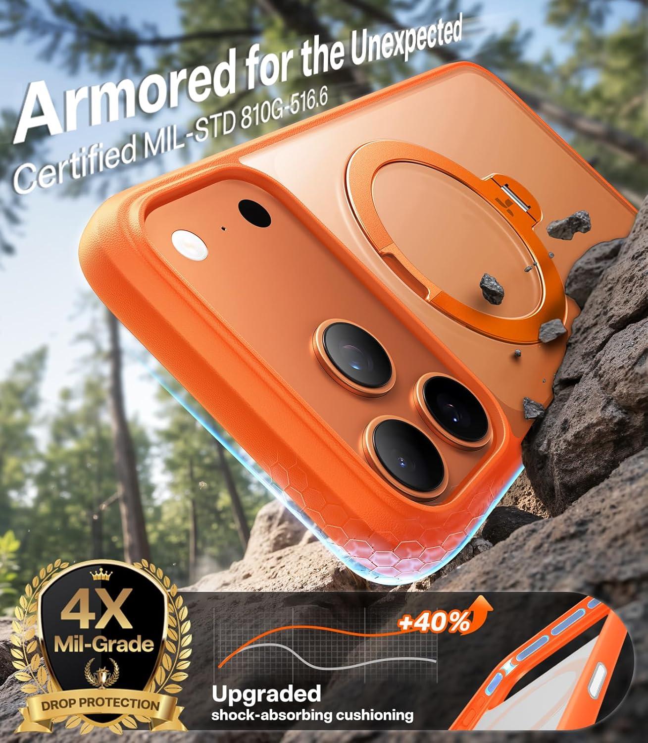 imageTORRAS 360 Spin Magnetic Stand for iPhone 16 Pro Max Case Fit for MagSafe Military Grade Protective Case for iPhone 16 Pro Max Phone Case with Kickstand Rotatable Black 69 inchNeon Orange