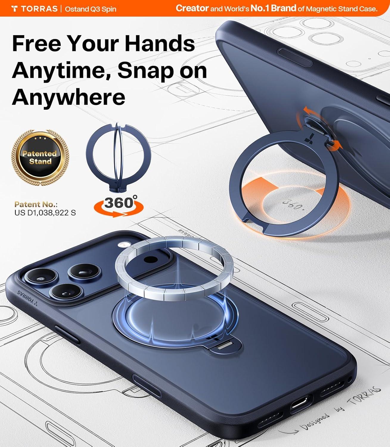 imageTORRAS 360 Spin Magnetic Stand for iPhone 16 Pro Max Case Fit for MagSafe Military Grade Protective Case for iPhone 16 Pro Max Phone Case with Kickstand Rotatable Black 69 inchBlue