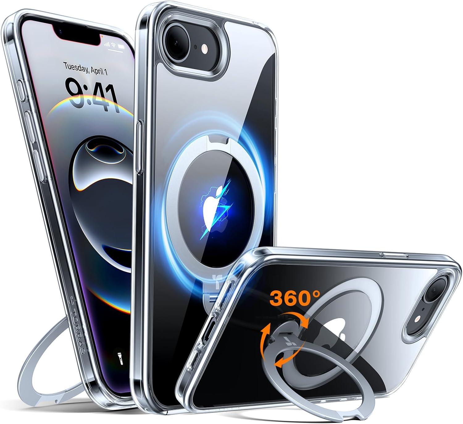 imageTORRAS 360 Spin Magnetic Stand for iPhone 16 Pro Max Case Fit for MagSafe Military Grade Protective Case for iPhone 16 Pro Max Phone Case with Kickstand Rotatable Black 69 inchClear