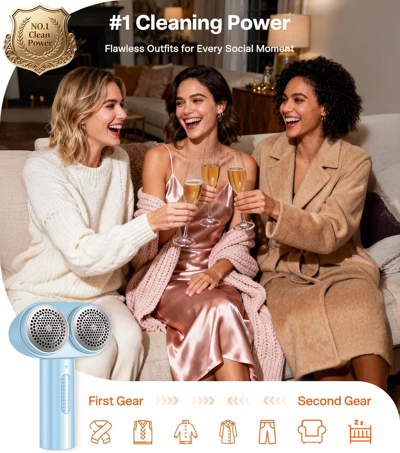 imageTORRAS DualHead Fabric Shaver Longest Durability amp 50ml Large Capacity Rechargeable Lint Removers to Remove Pills 6Leaf Blades Defuzzer Electric Shaver for Clothes Couch Furniture Pearl WhiteLight Blue