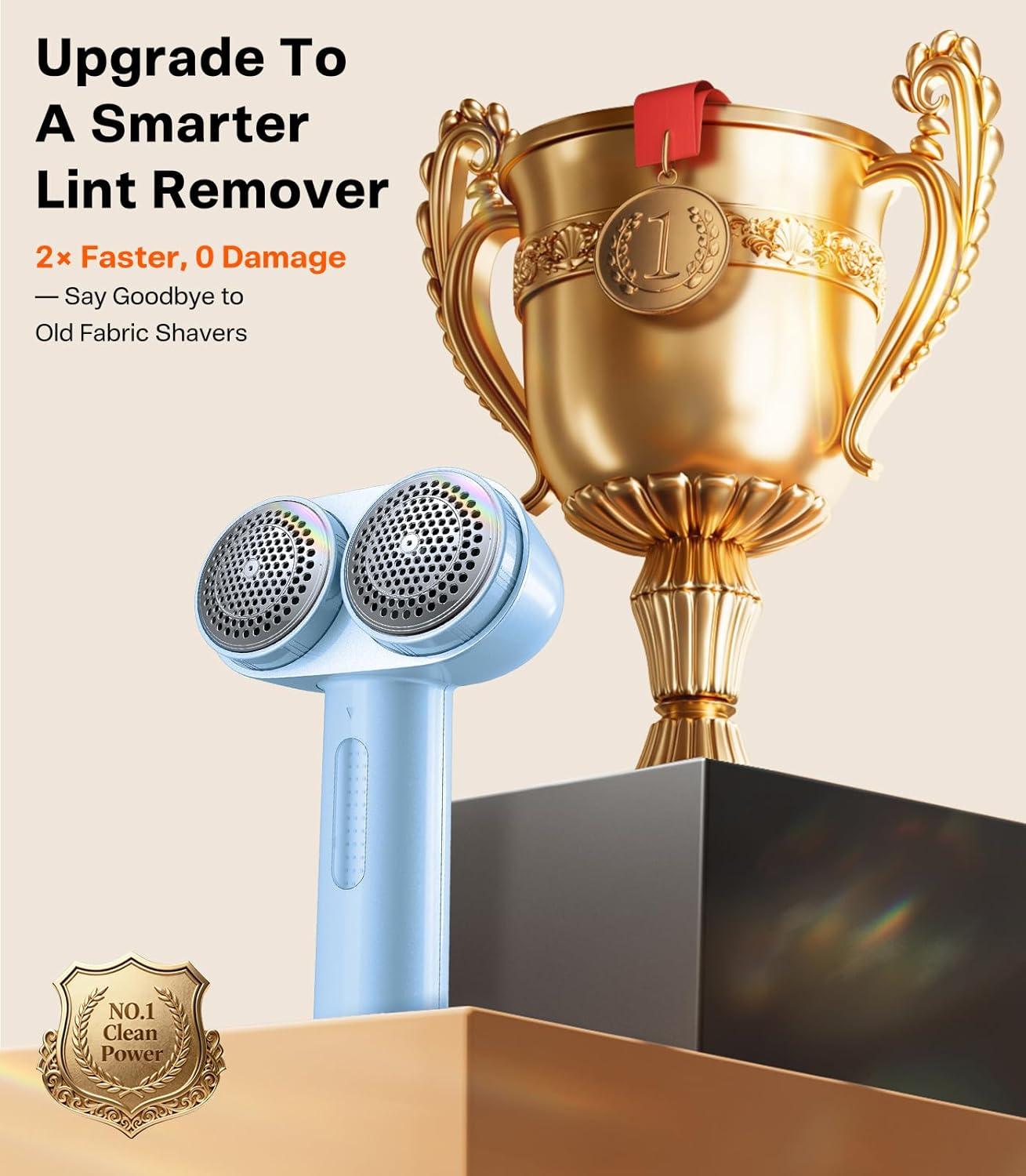 imageTORRAS DualHead Fabric Shaver Longest Durability amp 50ml Large Capacity Rechargeable Lint Removers to Remove Pills 6Leaf Blades Defuzzer Electric Shaver for Clothes Couch Furniture Pearl WhiteLight Blue