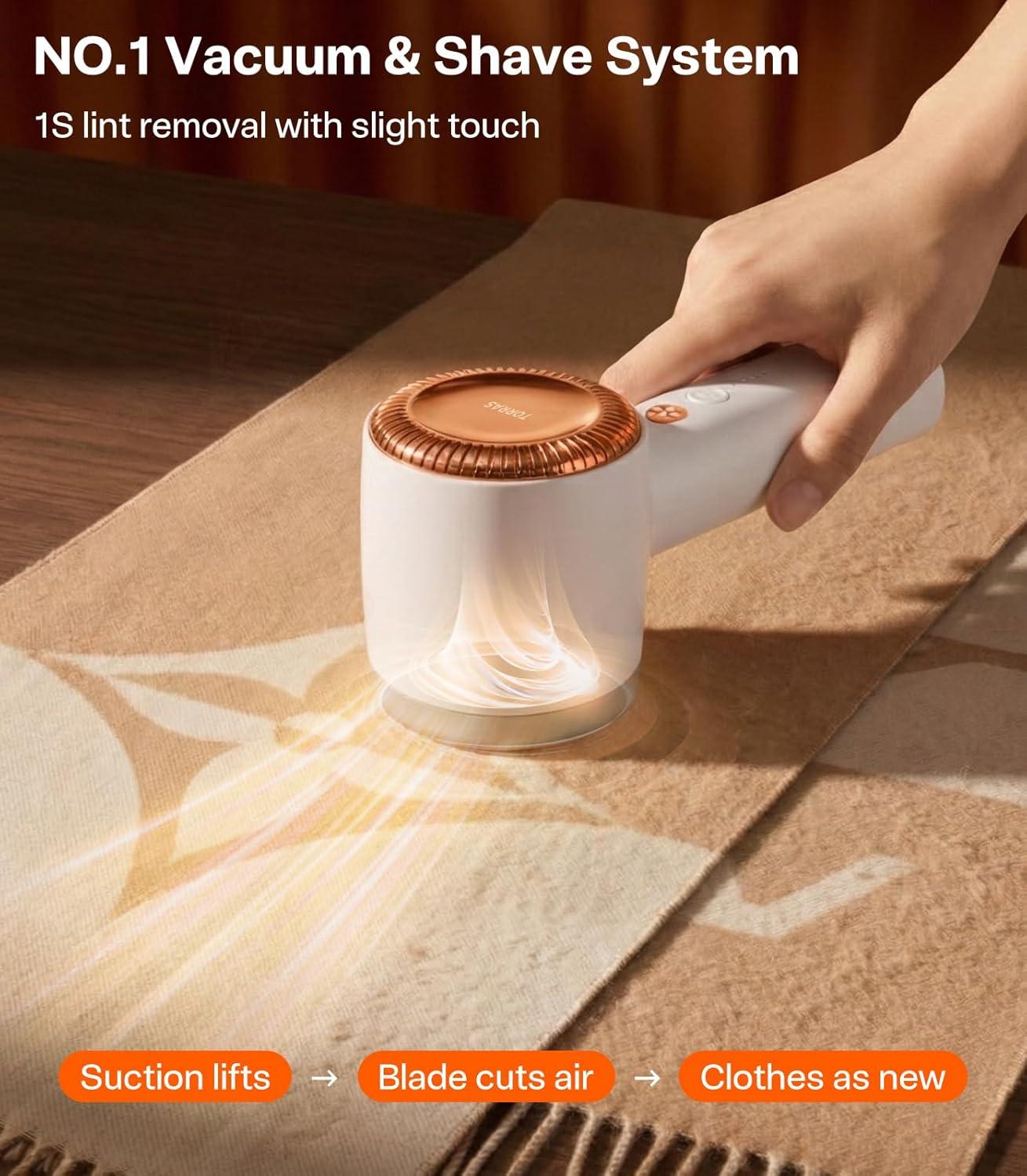 imageTORRAS DualHead Fabric Shaver Longest Durability amp 50ml Large Capacity Rechargeable Lint Removers to Remove Pills 6Leaf Blades Defuzzer Electric Shaver for Clothes Couch Furniture Pearl WhitePearl