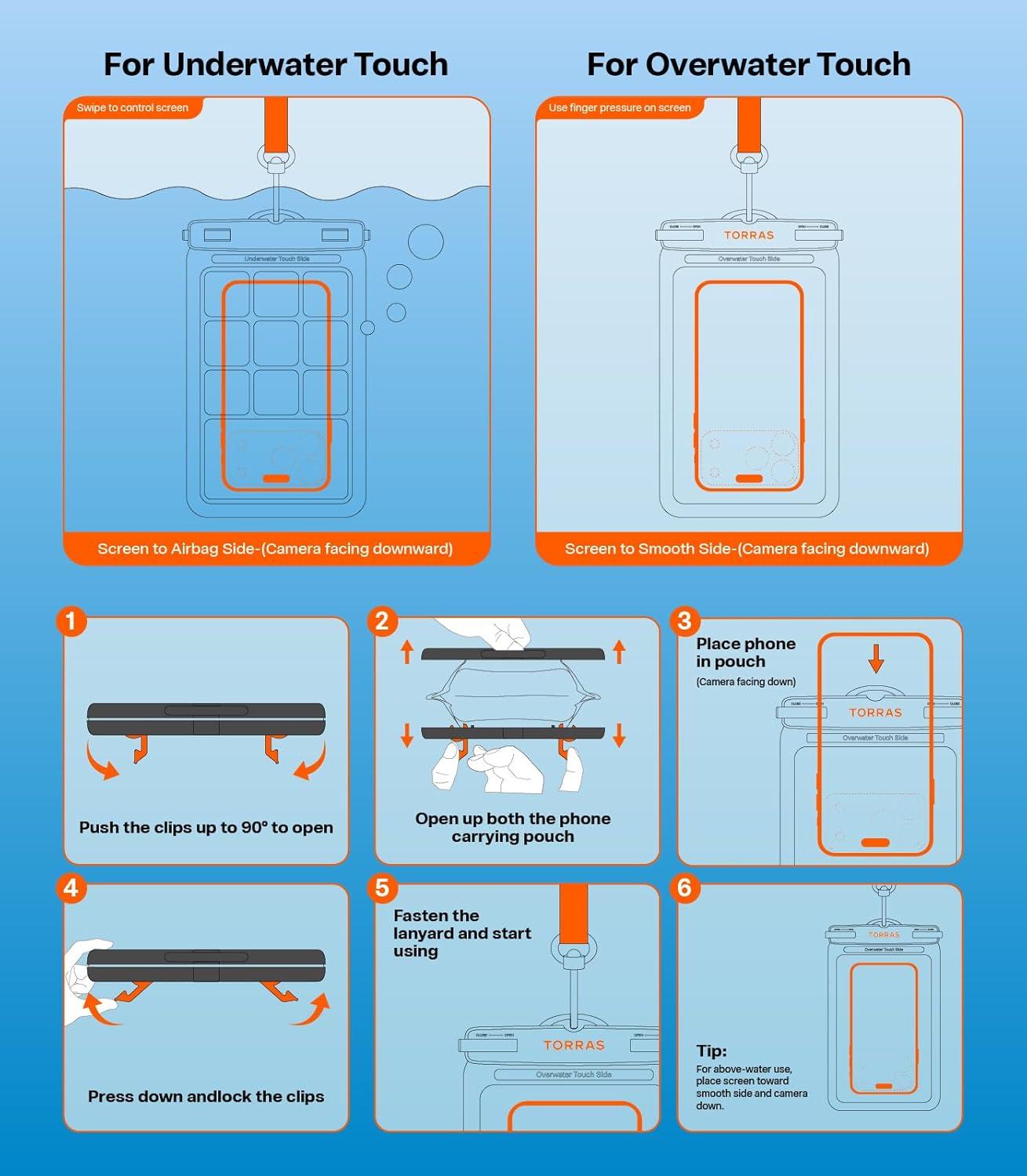 imageTORRAS IPX8 Waterproof Phone Pouch Floating Underwater Screen Touchable Water Proof Case with Lanyard for iPhone 17 Pro Max 16 S25 Cellphone Dry Bag Cruise Essentials 70 inch Black2 PackBlack White