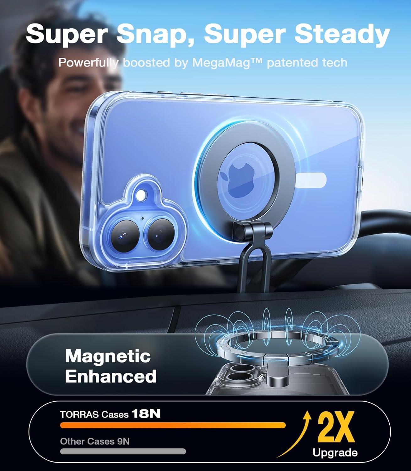 imageTORRAS Magnetic Shockproof for iPhone 16 Case18N Mighty Magnetic 12FT Military Grade Drop Tested Fit for MagSafe Protective Hard Back Plastic Slim Phone Case for iPhone 16 61 Black TitaniumDiamond Clear