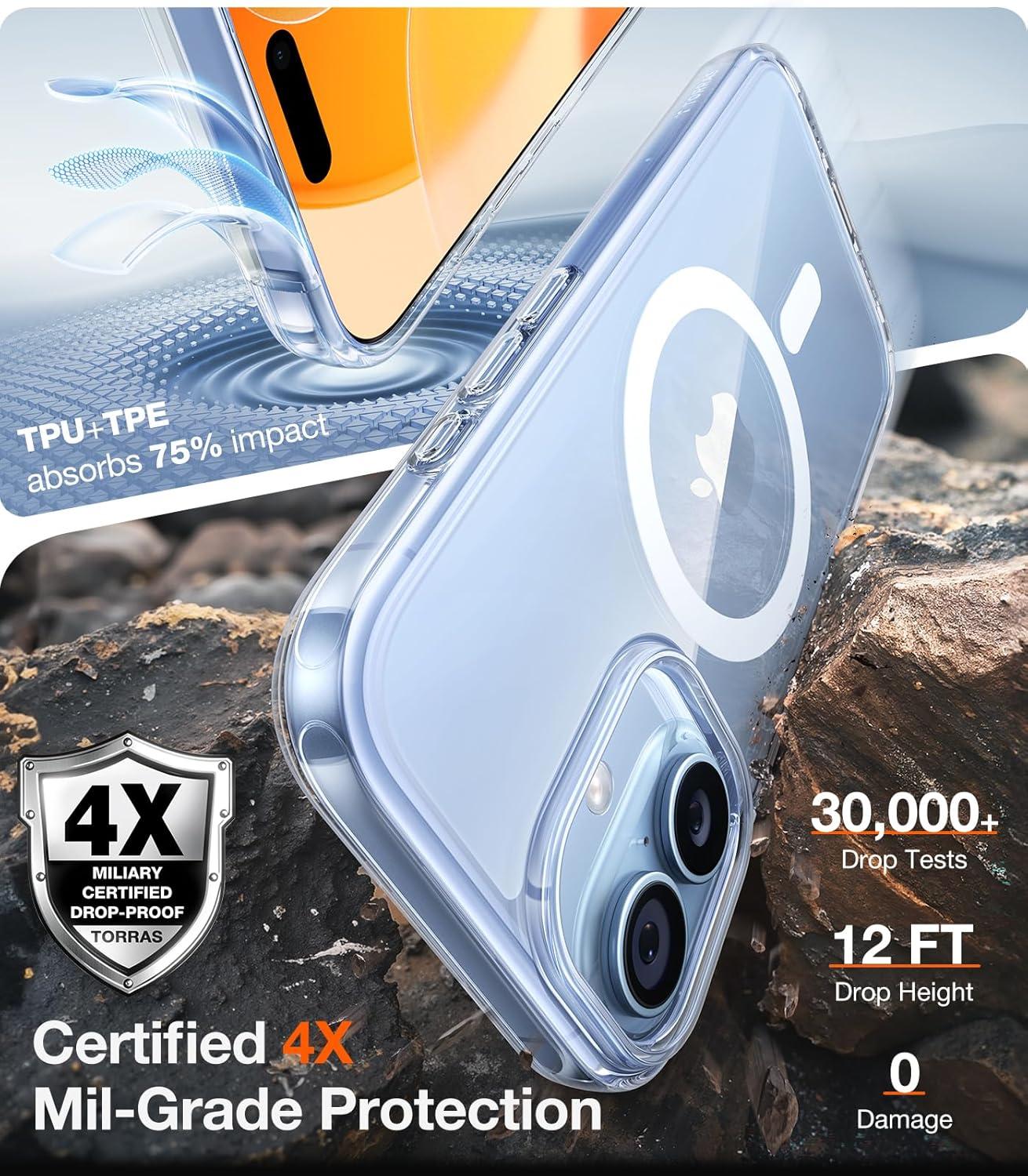 imageTORRAS Magnetic Shockproof for iPhone 16 Case18N Mighty Magnetic 12FT Military Grade Drop Tested Fit for MagSafe Protective Hard Back Plastic Slim Phone Case for iPhone 16 61 Black TitaniumDiamond Clear