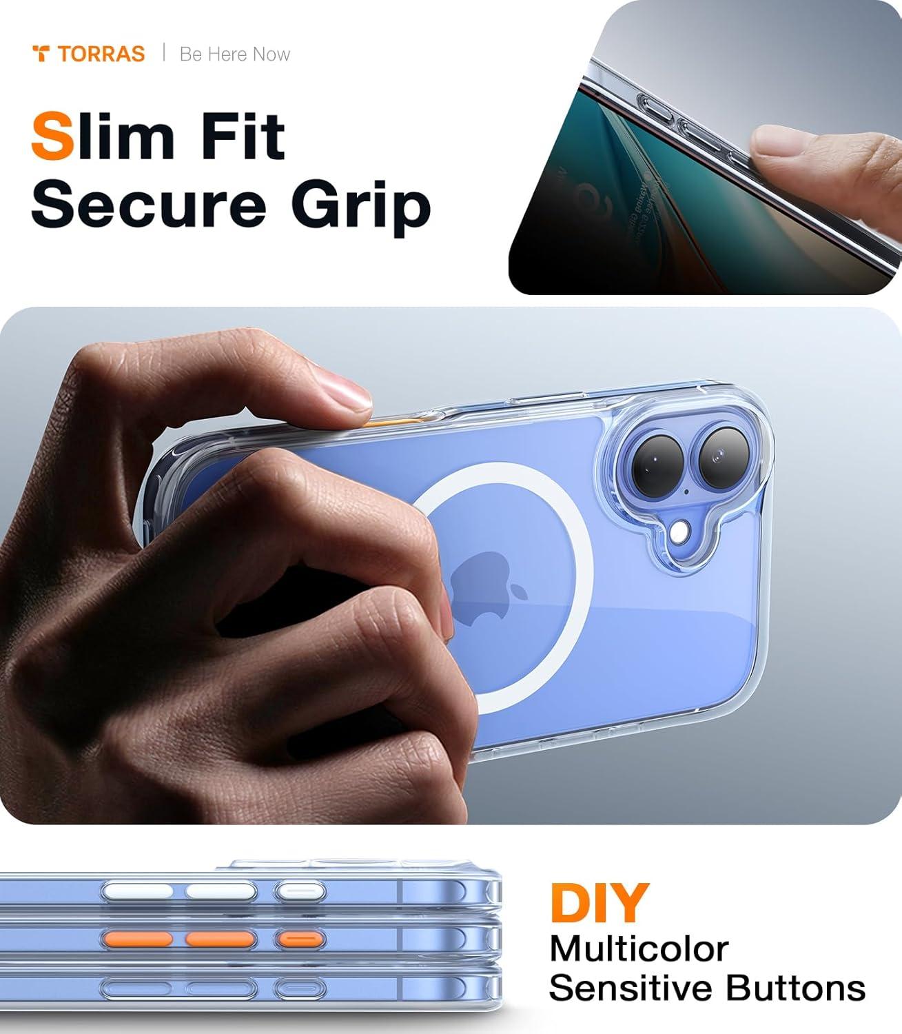 imageTORRAS Magnetic Shockproof for iPhone 16 Case18N Mighty Magnetic 12FT Military Grade Drop Tested Fit for MagSafe Protective Hard Back Plastic Slim Phone Case for iPhone 16 61 Black TitaniumDiamond Clear