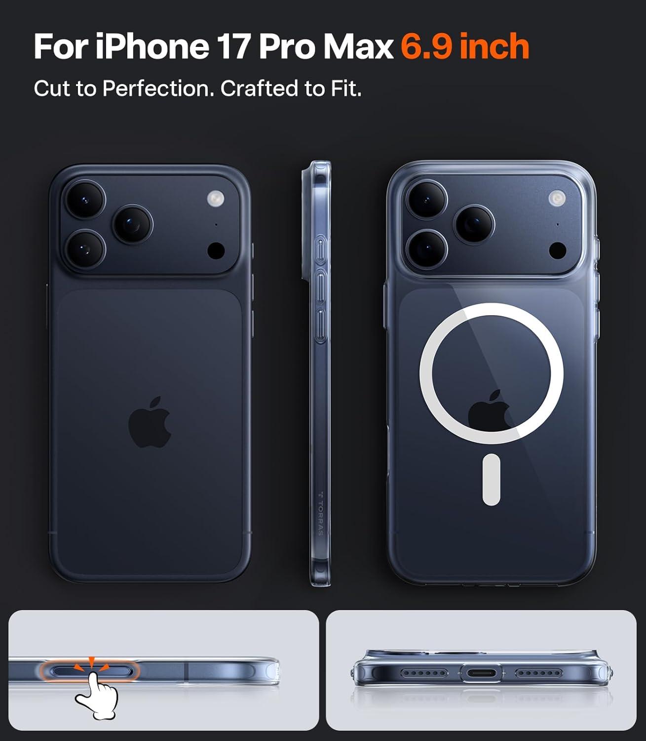imageTORRAS Magnetic SlimFit for iPhone 17 PRO MAX Case UltraThin 17 ProMax Phone Case Compatible with MagSafe Light AntiScratch Matte Hard PC Bayer 69 inch OriginFit Glossy OrangeDiamond Clear