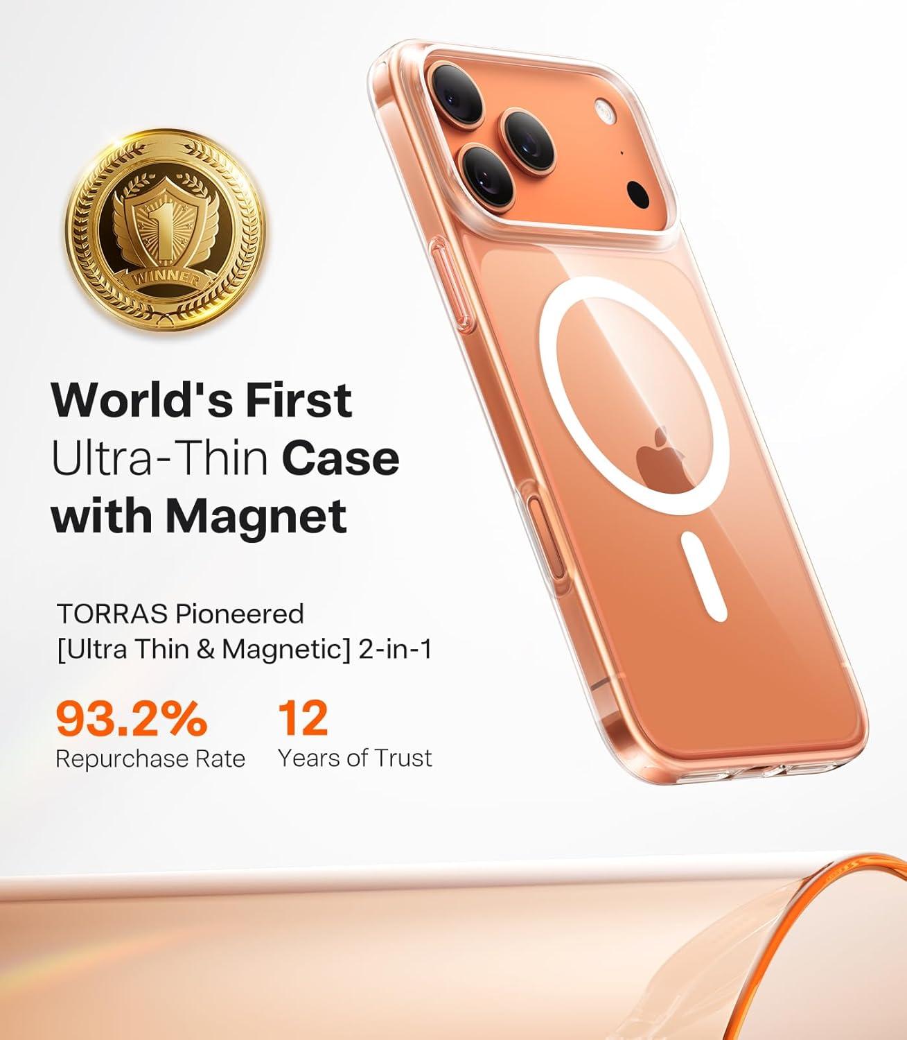 imageTORRAS Magnetic SlimFit for iPhone 17 PRO MAX Case UltraThin 17 ProMax Phone Case Compatible with MagSafe Light AntiScratch Matte Hard PC Bayer 69 inch OriginFit Glossy OrangeDiamond Clear