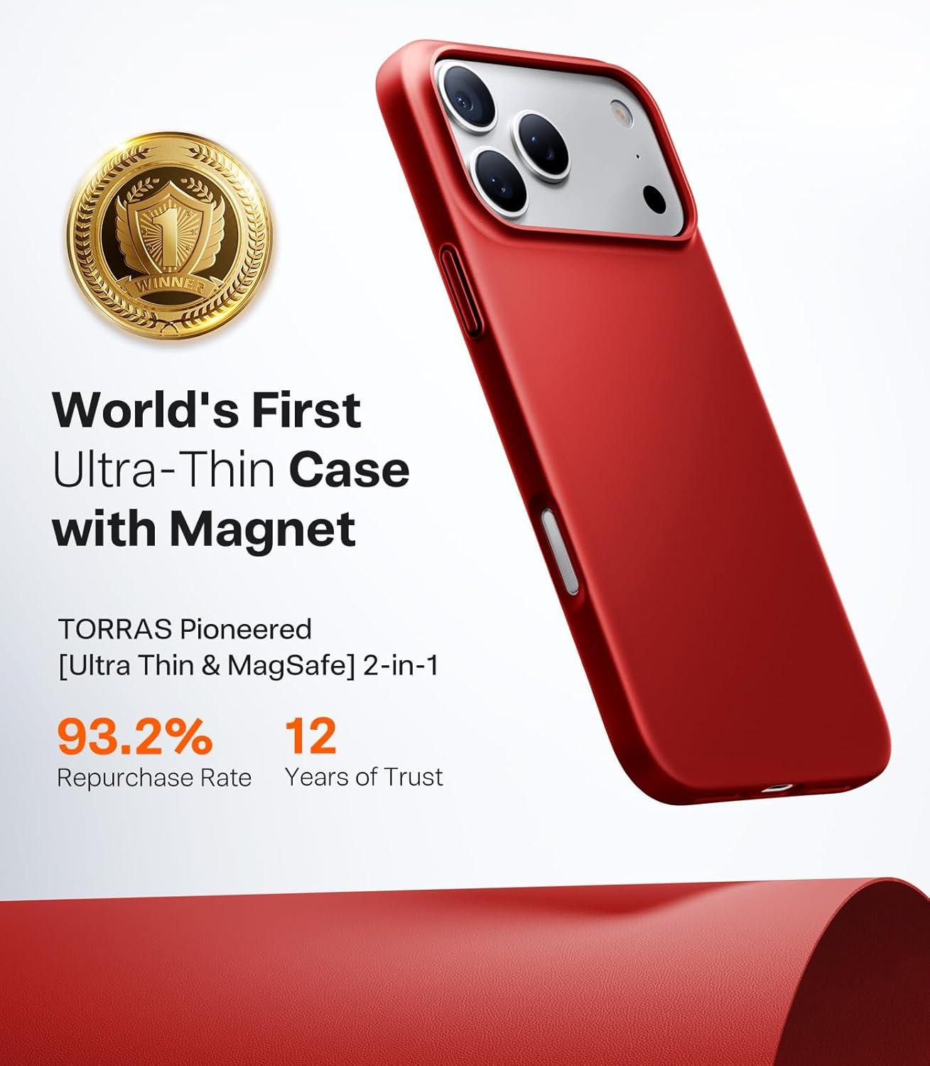 imageTORRAS Magnetic SlimFit for iPhone 17 PRO MAX Case UltraThin 17 ProMax Phone Case Compatible with MagSafe Light AntiScratch Matte Hard PC Bayer 69 inch OriginFit Glossy OrangeRed