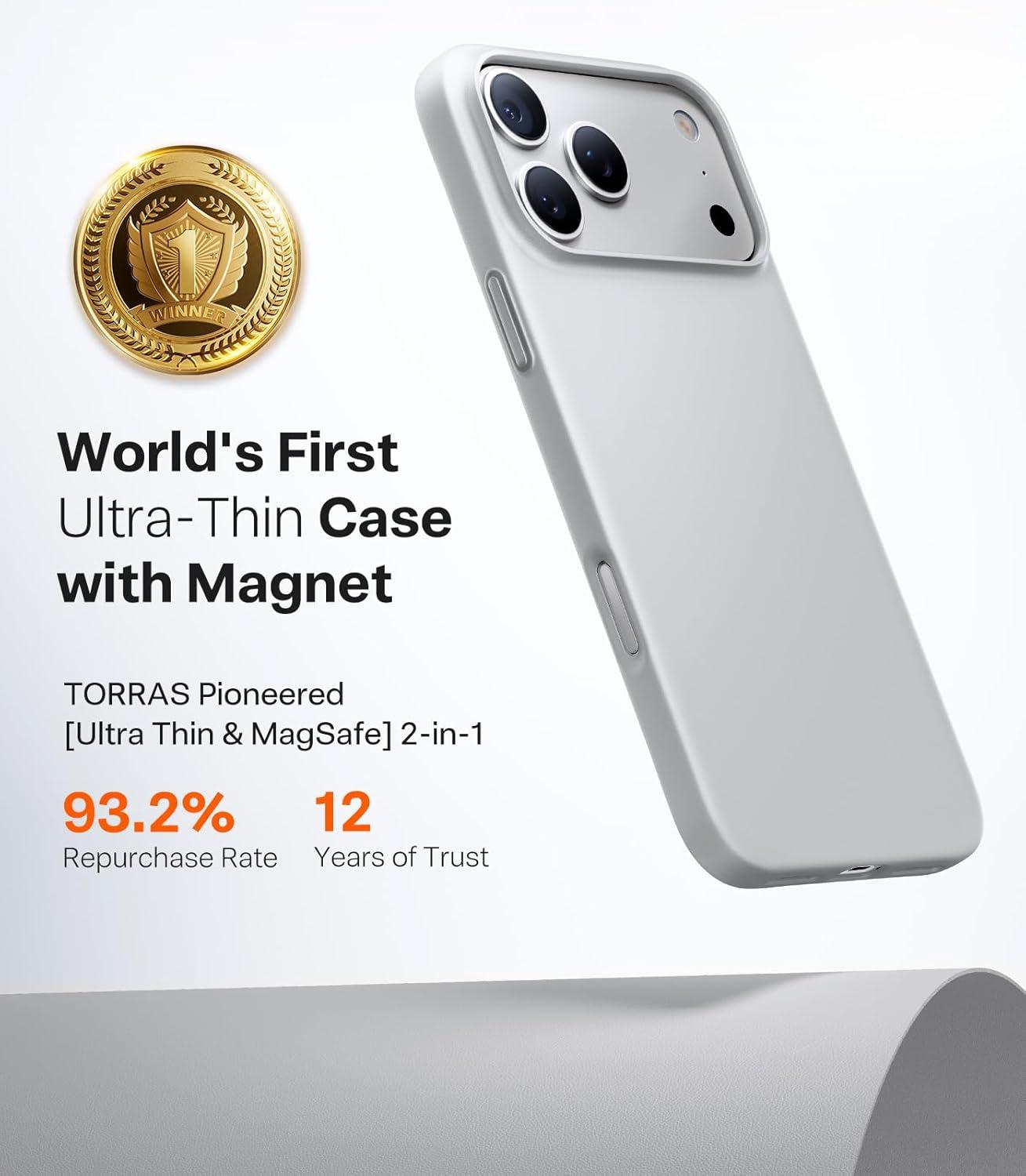 imageTORRAS Magnetic SlimFit for iPhone 17 PRO MAX Case UltraThin 17 ProMax Phone Case Compatible with MagSafe Light AntiScratch Matte Hard PC Bayer 69 inch OriginFit Glossy Orange3Silver