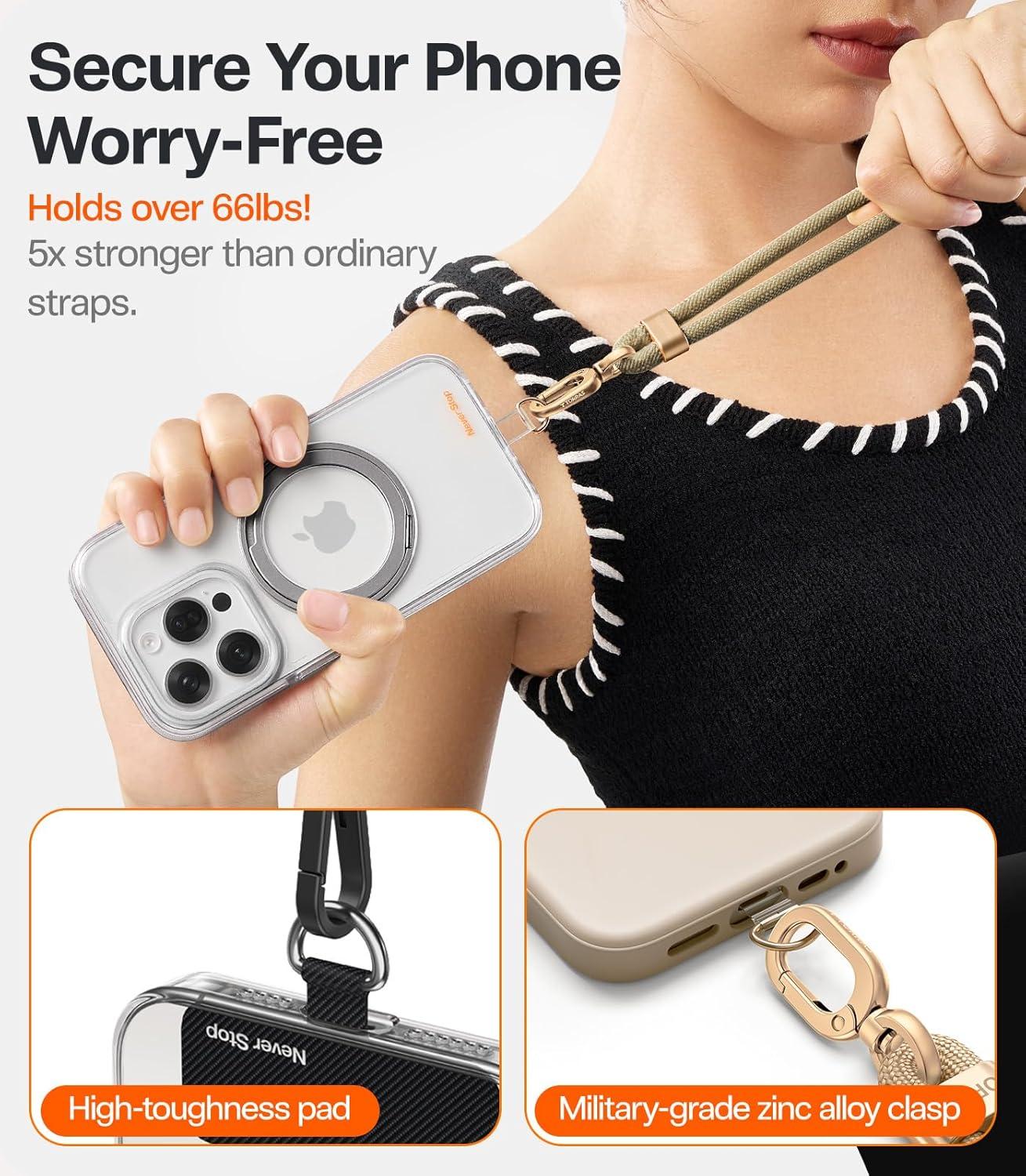 imageTORRAS Phone Lanyard Crossbody with 2 Phone Tabs Adjustable Anti Theft Phone Strap for All Phones Premium Metal Buckles SkinFriendly Universal Cell Phone Neck lanyard for Travel Essentials Black2khaki