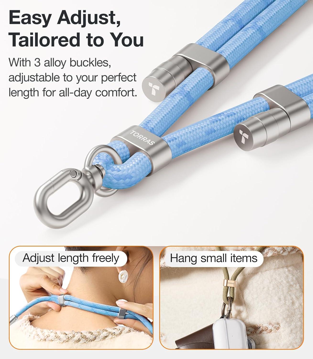 imageTORRAS Phone Lanyard Crossbody with 2 Phone Tabs Adjustable Anti Theft Phone Strap for All Phones Premium Metal Buckles SkinFriendly Universal Cell Phone Neck lanyard for Travel Essentials Black6light Blue