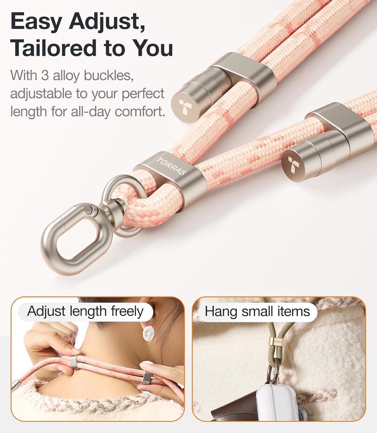 imageTORRAS Phone Lanyard Crossbody with 2 Phone Tabs Adjustable Anti Theft Phone Strap for All Phones Premium Metal Buckles SkinFriendly Universal Cell Phone Neck lanyard for Travel Essentials Black7pink