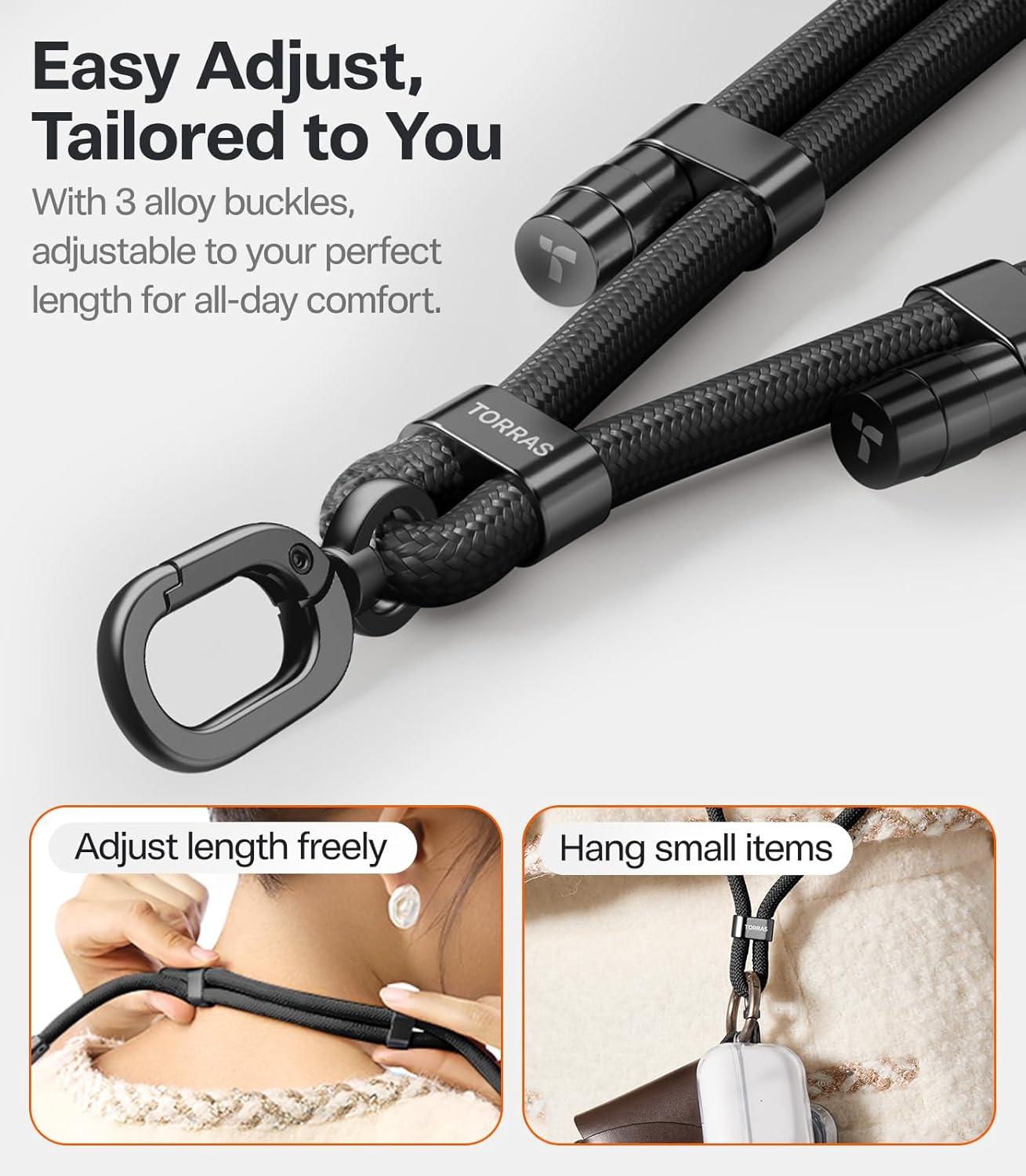 imageTORRAS Phone Lanyard Crossbody with 2 Phone Tabs Adjustable Anti Theft Phone Strap for All Phones Premium Metal Buckles SkinFriendly Universal Cell Phone Neck lanyard for Travel Essentials Black5purple