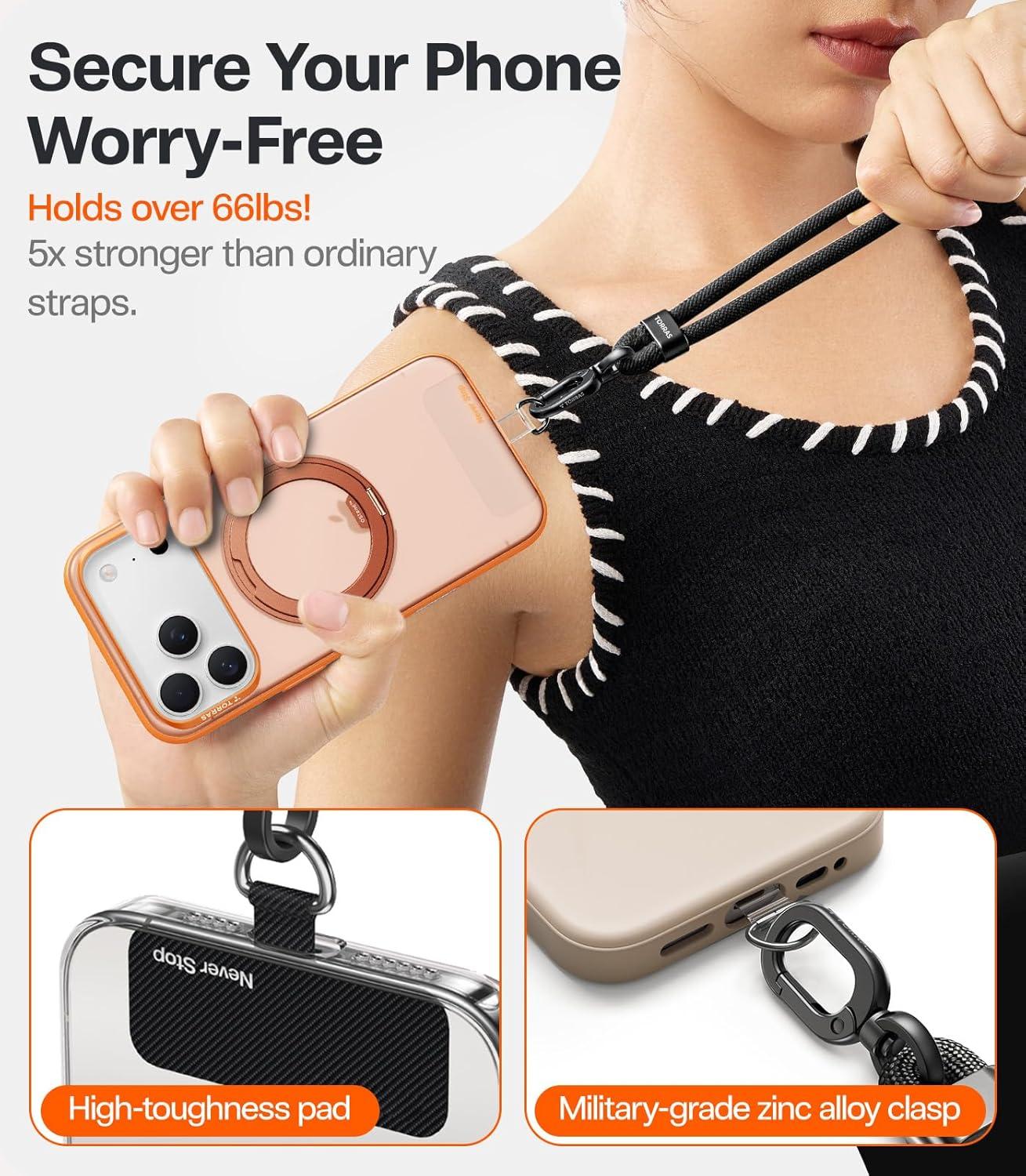 imageTORRAS Phone Lanyard Crossbody with 2 Phone Tabs Adjustable Anti Theft Phone Strap for All Phones Premium Metal Buckles SkinFriendly Universal Cell Phone Neck lanyard for Travel Essentials Black3olive Green