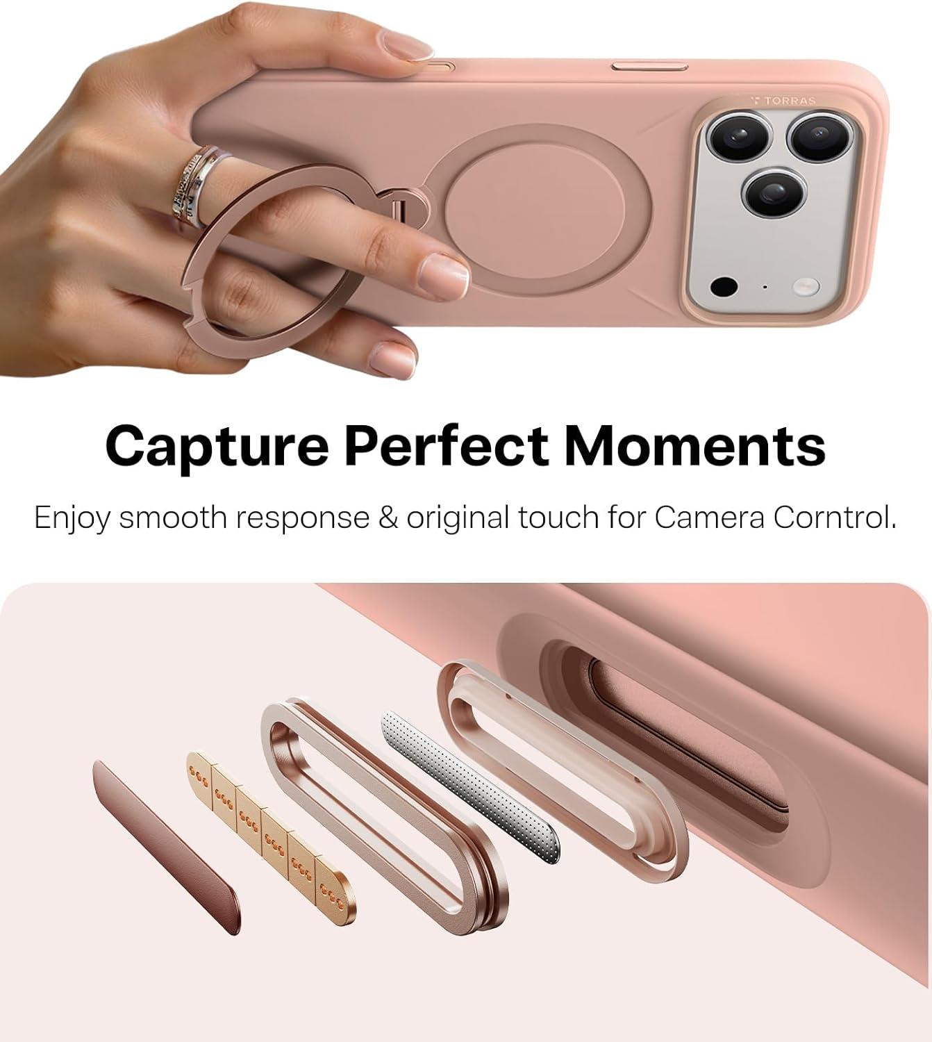 imageTORRAS Q3 Silicone 360 Spin for iPhone Air Case with Stand Fit for MagSafe Magnetic Ring Kickstand with Camera Control Liquid Silicone Rubber Soft Phone Case for iPhone 17 Air 65 Deep BlueBliss Pink