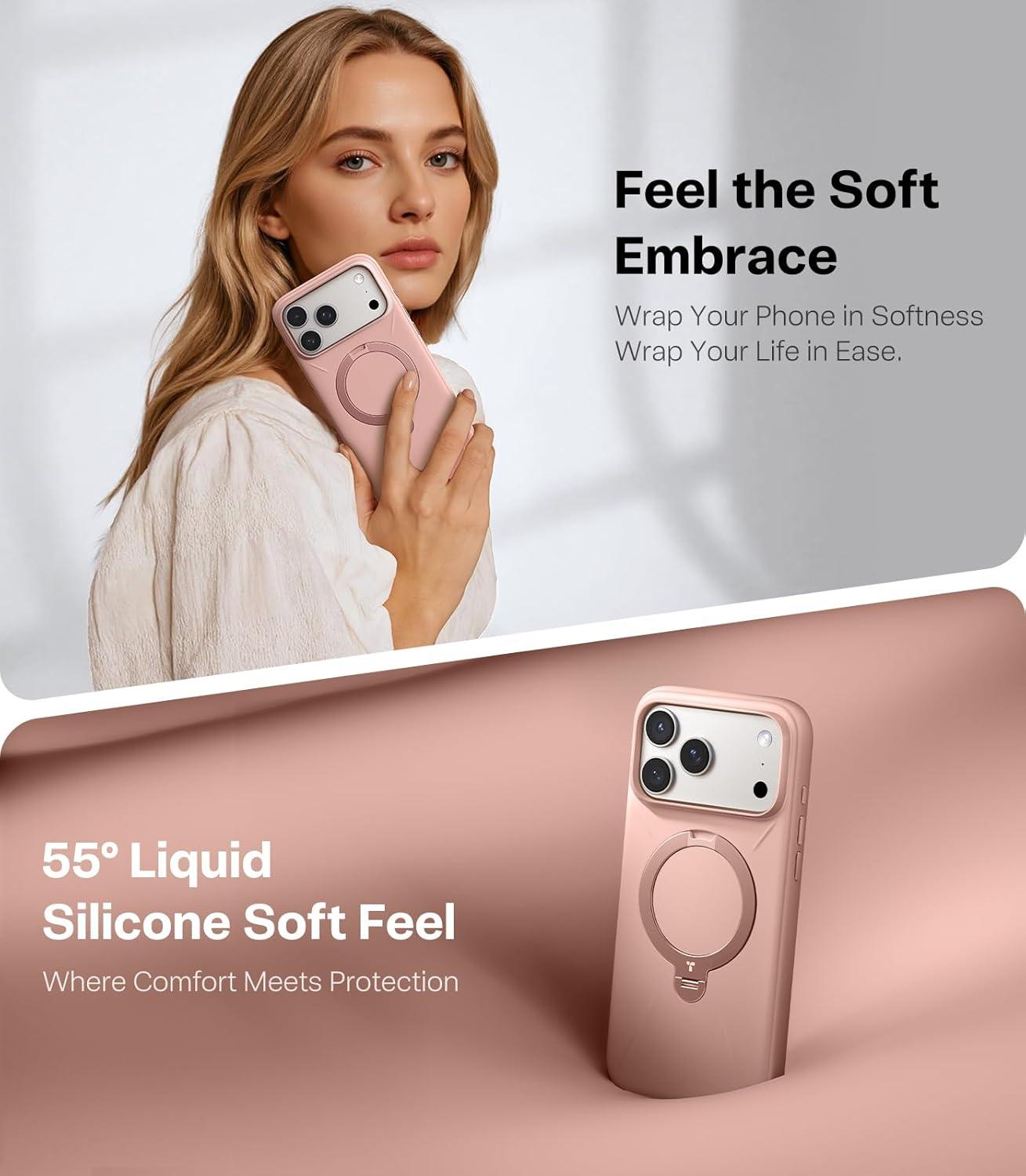 imageTORRAS Q3 Silicone 360 Spin for iPhone Air Case with Stand Fit for MagSafe Magnetic Ring Kickstand with Camera Control Liquid Silicone Rubber Soft Phone Case for iPhone 17 Air 65 Deep BlueBliss Pink