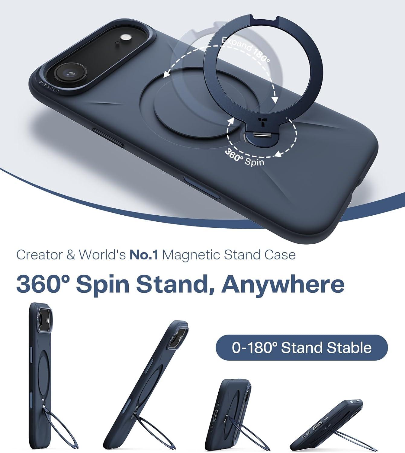imageTORRAS Q3 Silicone 360 Spin for iPhone Air Case with Stand Fit for MagSafe Magnetic Ring Kickstand with Camera Control Liquid Silicone Rubber Soft Phone Case for iPhone 17 Air 65 Deep BlueDeep Blue