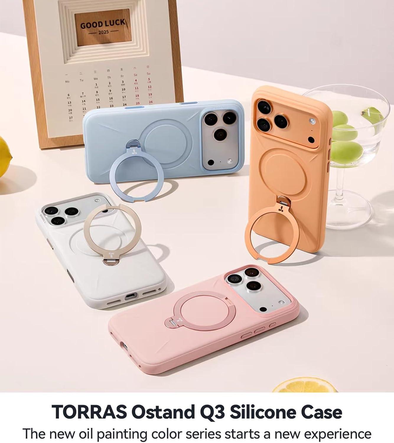 imageTORRAS Q3 Silicone 360 Spin for iPhone Air Case with Stand Fit for MagSafe Magnetic Ring Kickstand with Camera Control Liquid Silicone Rubber Soft Phone Case for iPhone 17 Air 65 Deep BlueBliss Pink