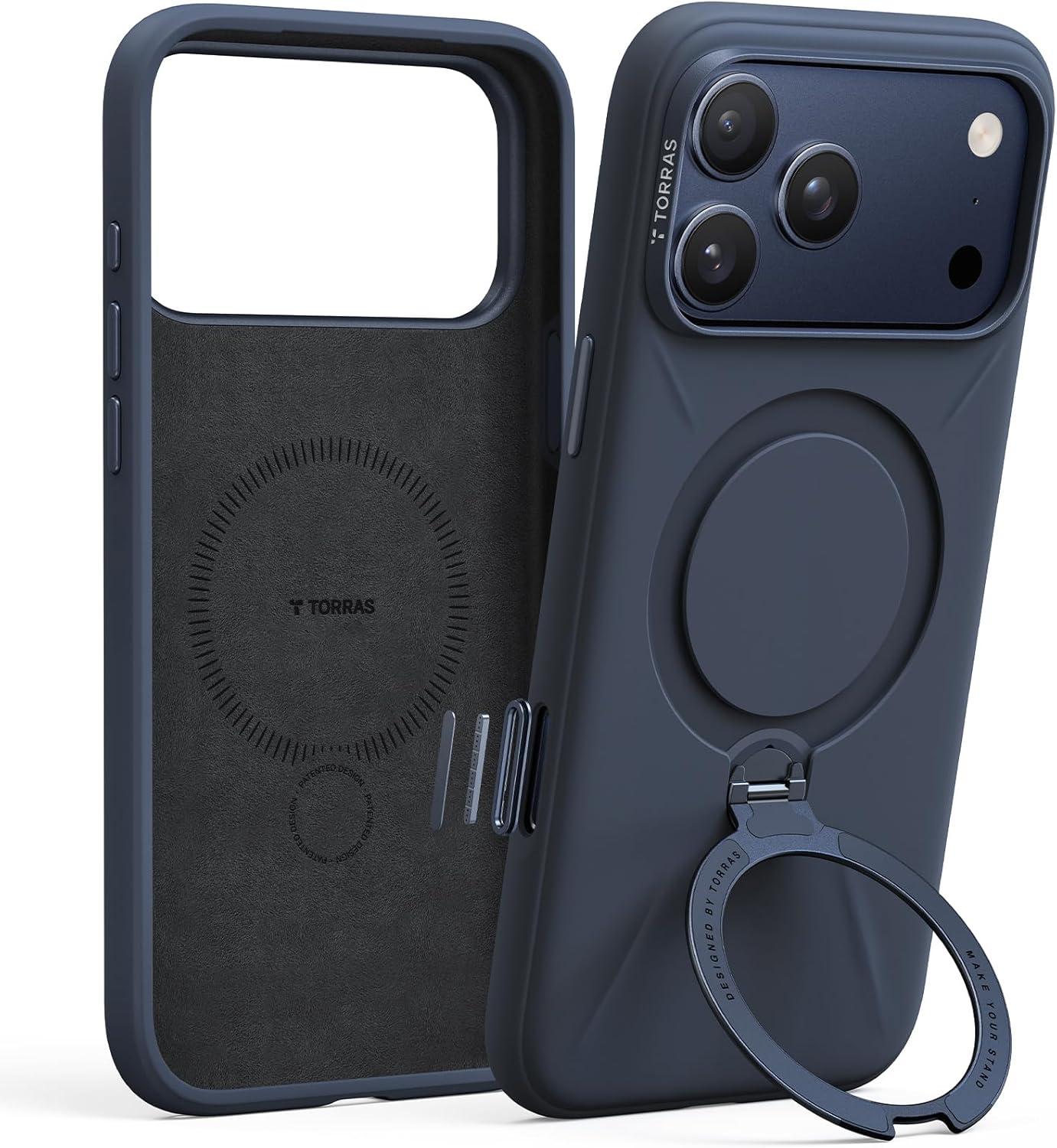 imageTORRAS Q3 Silicone 360 Spin for iPhone Air Case with Stand Fit for MagSafe Magnetic Ring Kickstand with Camera Control Liquid Silicone Rubber Soft Phone Case for iPhone 17 Air 65 Deep BlueDeep Blue