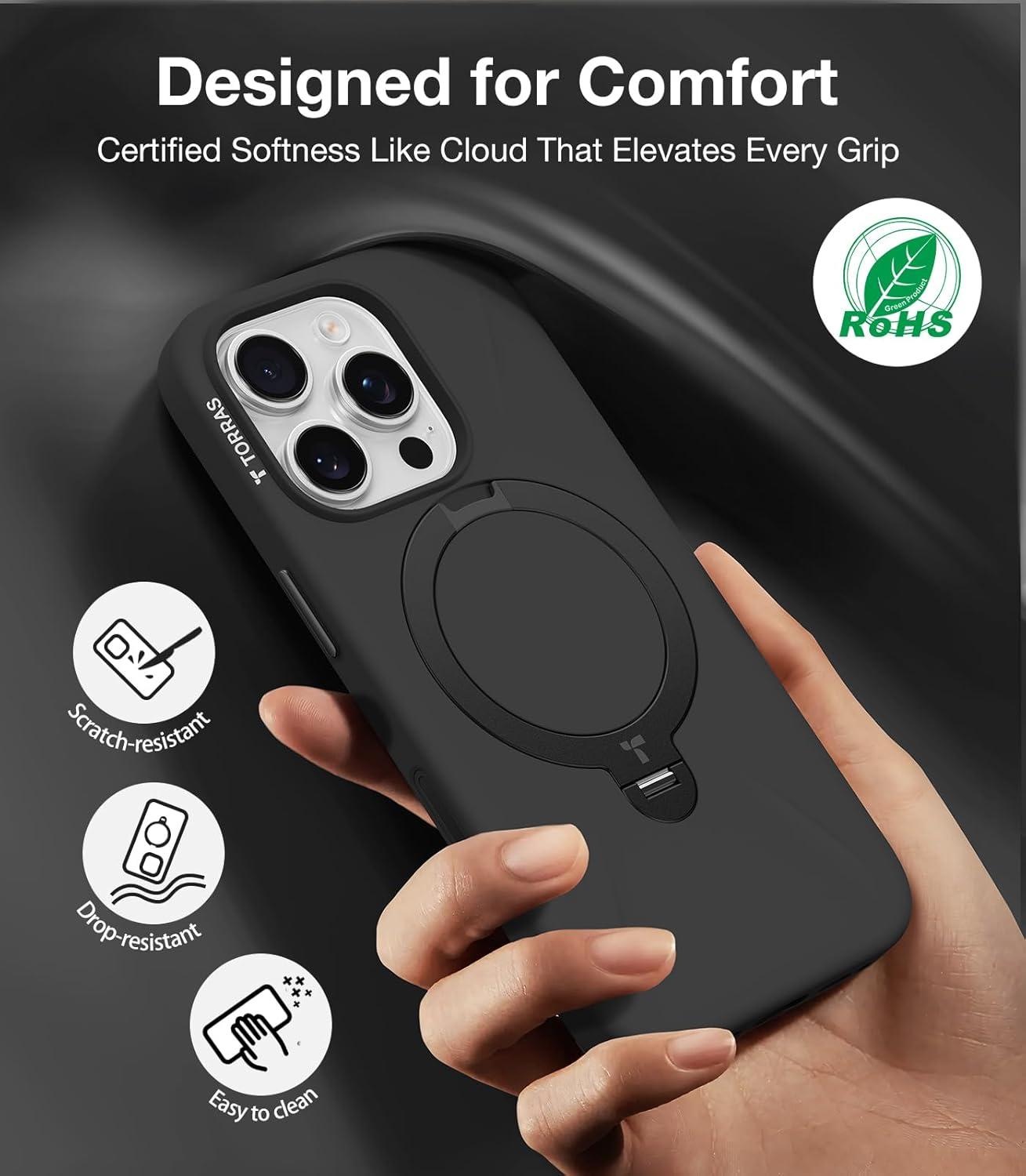 imageTORRAS Q3 Silicone 360 Spin for iPhone Air Case with Stand Fit for MagSafe Magnetic Ring Kickstand with Camera Control Liquid Silicone Rubber Soft Phone Case for iPhone 17 Air 65 Deep BlueBlack