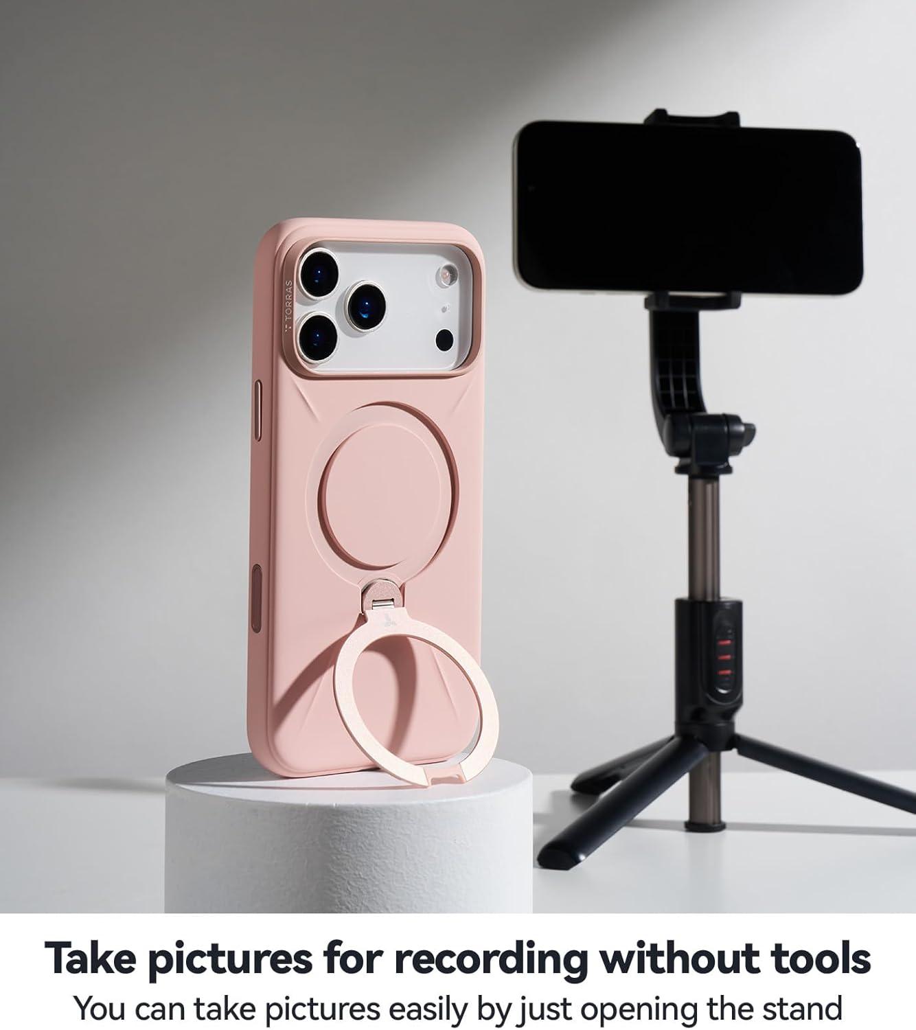 imageTORRAS Q3 Silicone 360 Spin for iPhone Air Case with Stand Fit for MagSafe Magnetic Ring Kickstand with Camera Control Liquid Silicone Rubber Soft Phone Case for iPhone 17 Air 65 Deep BlueBliss Pink