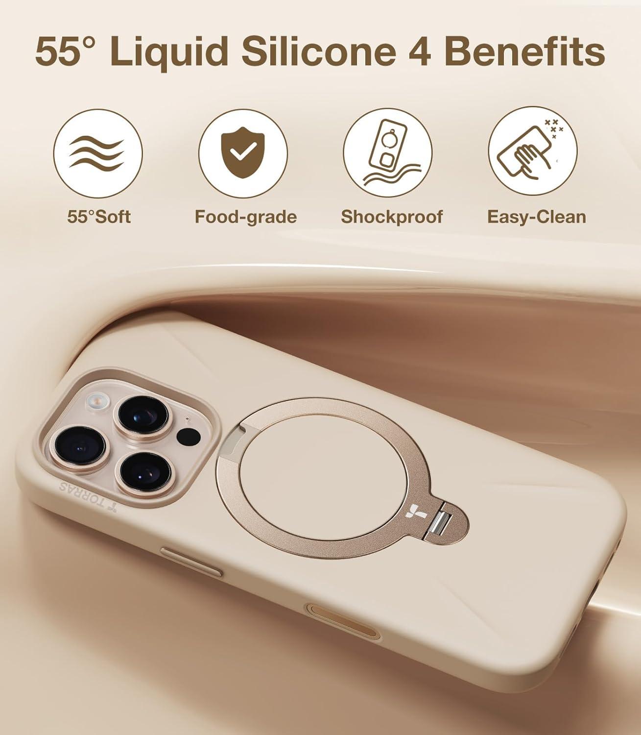 imageTORRAS Q3 Silicone for iPhone 17 Pro Max Case Stand Fit for MagSafe Liquid Silicone Soft Cozy Grip 360 Spin Magnetic Stand Camera Control Protective Case for iPhone 17 Pro Max Ivory GoldDune Beige