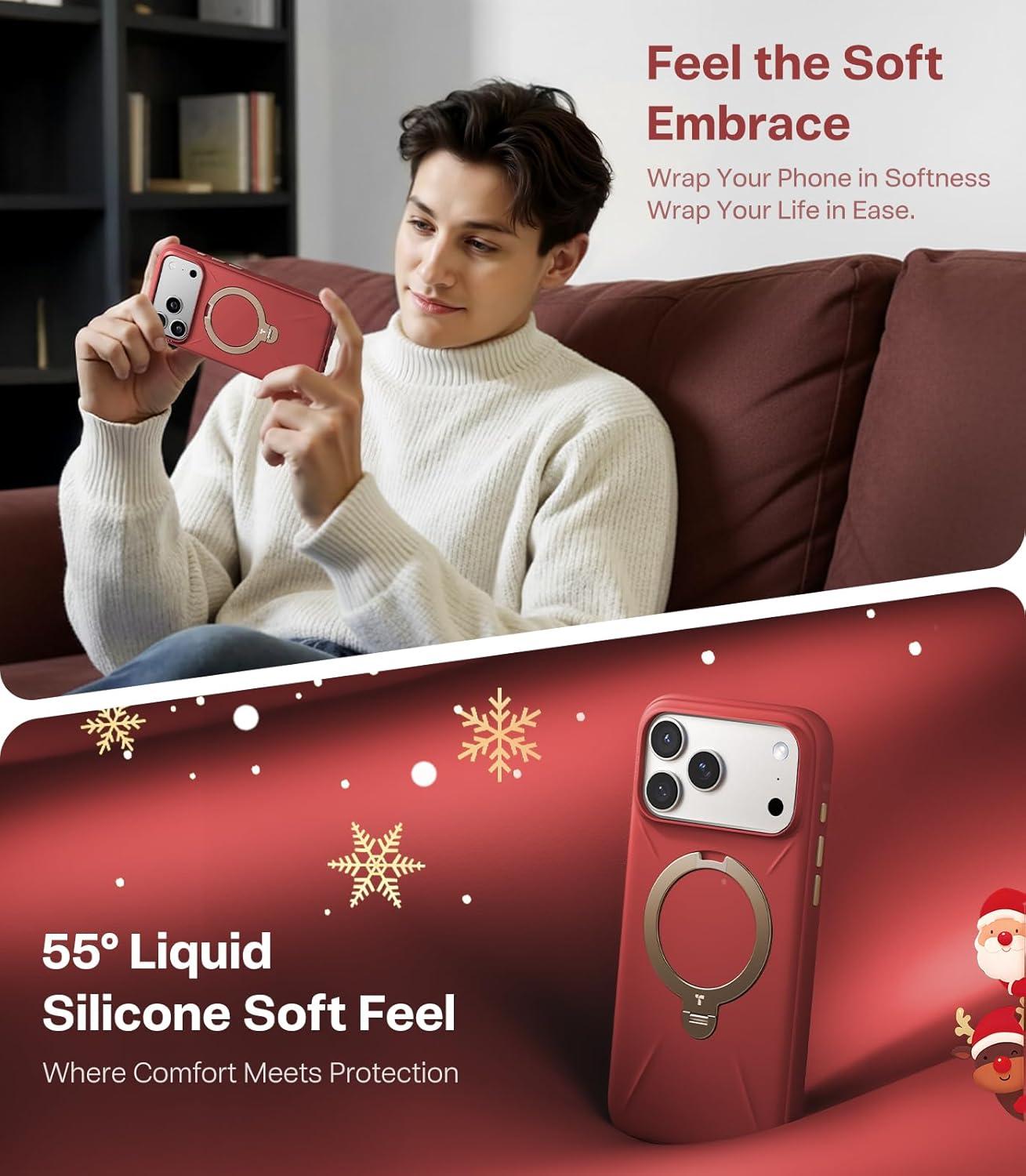 imageTORRAS Q3 Silicone for iPhone 17 Pro Max Case Stand Fit for MagSafe Liquid Silicone Soft Cozy Grip 360 Spin Magnetic Stand Camera Control Protective Case for iPhone 17 Pro Max Ivory GoldRed