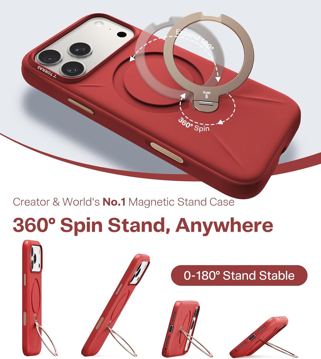 imageTORRAS Q3 Silicone for iPhone 17 Pro Max Case Stand Fit for MagSafe Liquid Silicone Soft Cozy Grip 360 Spin Magnetic Stand Camera Control Protective Case for iPhone 17 Pro Max Ivory GoldRed