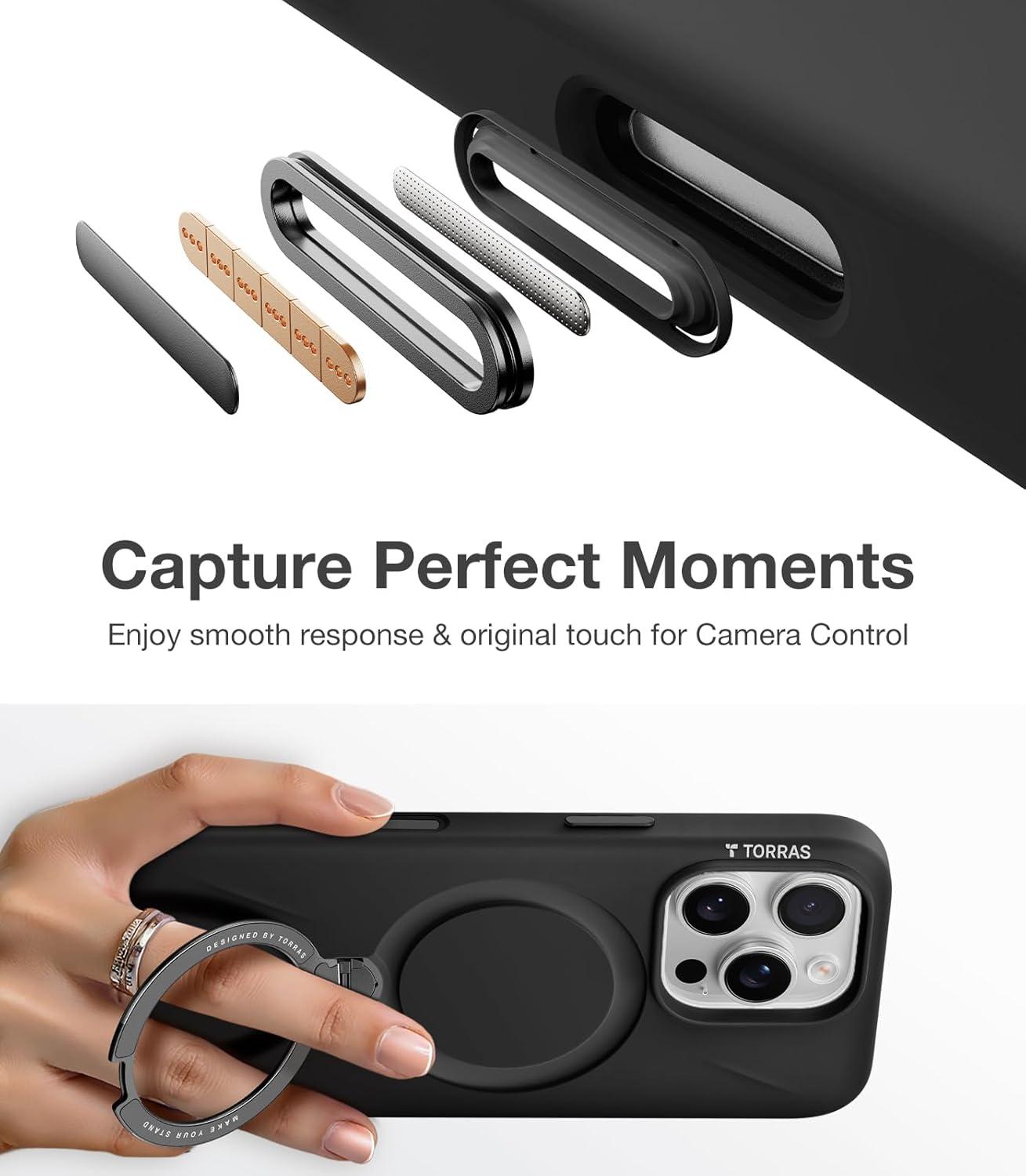 imageTORRAS Q3 Silicone for iPhone 17 Pro Max Case Stand Fit for MagSafe Liquid Silicone Soft Cozy Grip 360 Spin Magnetic Stand Camera Control Protective Case for iPhone 17 Pro Max Ivory GoldBlack