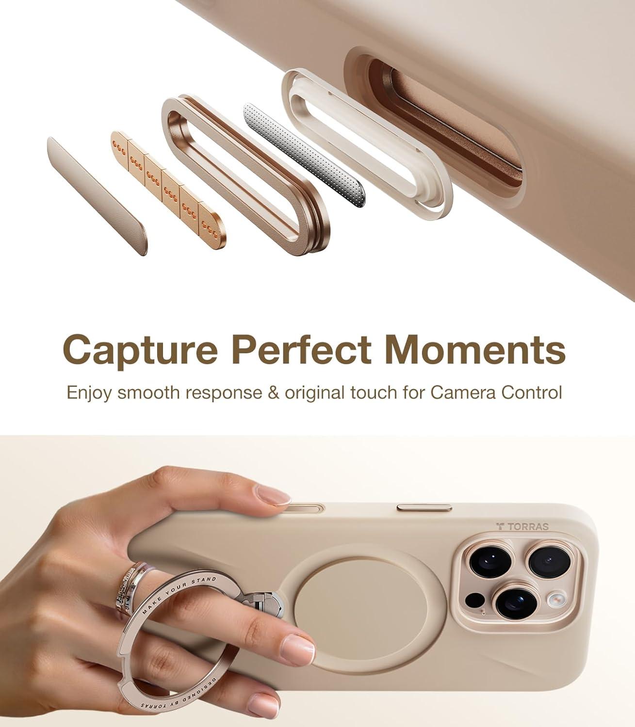 imageTORRAS Q3 Silicone for iPhone 17 Pro Max Case Stand Fit for MagSafe Liquid Silicone Soft Cozy Grip 360 Spin Magnetic Stand Camera Control Protective Case for iPhone 17 Pro Max Ivory GoldDune Beige