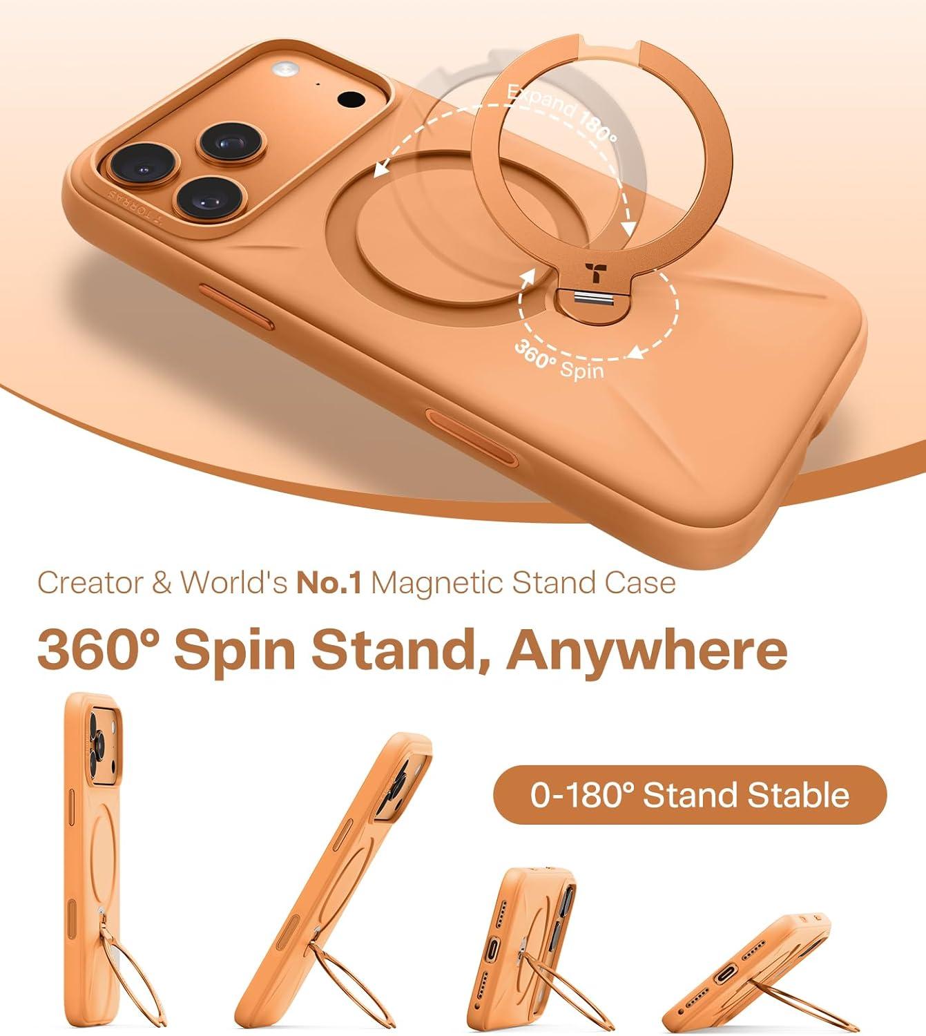 imageTORRAS Q3 Silicone for iPhone 17 Pro Max Case Stand Fit for MagSafe Liquid Silicone Soft Cozy Grip 360 Spin Magnetic Stand Camera Control Protective Case for iPhone 17 Pro Max Ivory GoldPastel Orange