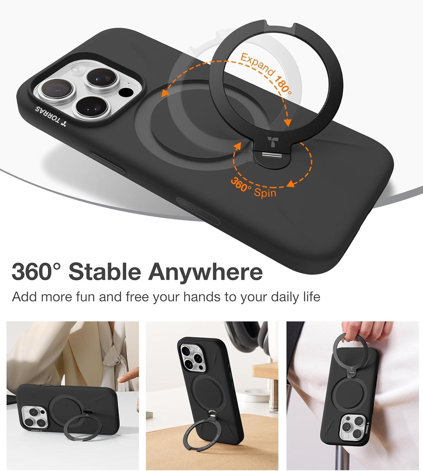 imageTORRAS Q3 Silicone for iPhone 17 Pro Max Case Stand Fit for MagSafe Liquid Silicone Soft Cozy Grip 360 Spin Magnetic Stand Camera Control Protective Case for iPhone 17 Pro Max Ivory GoldBlack