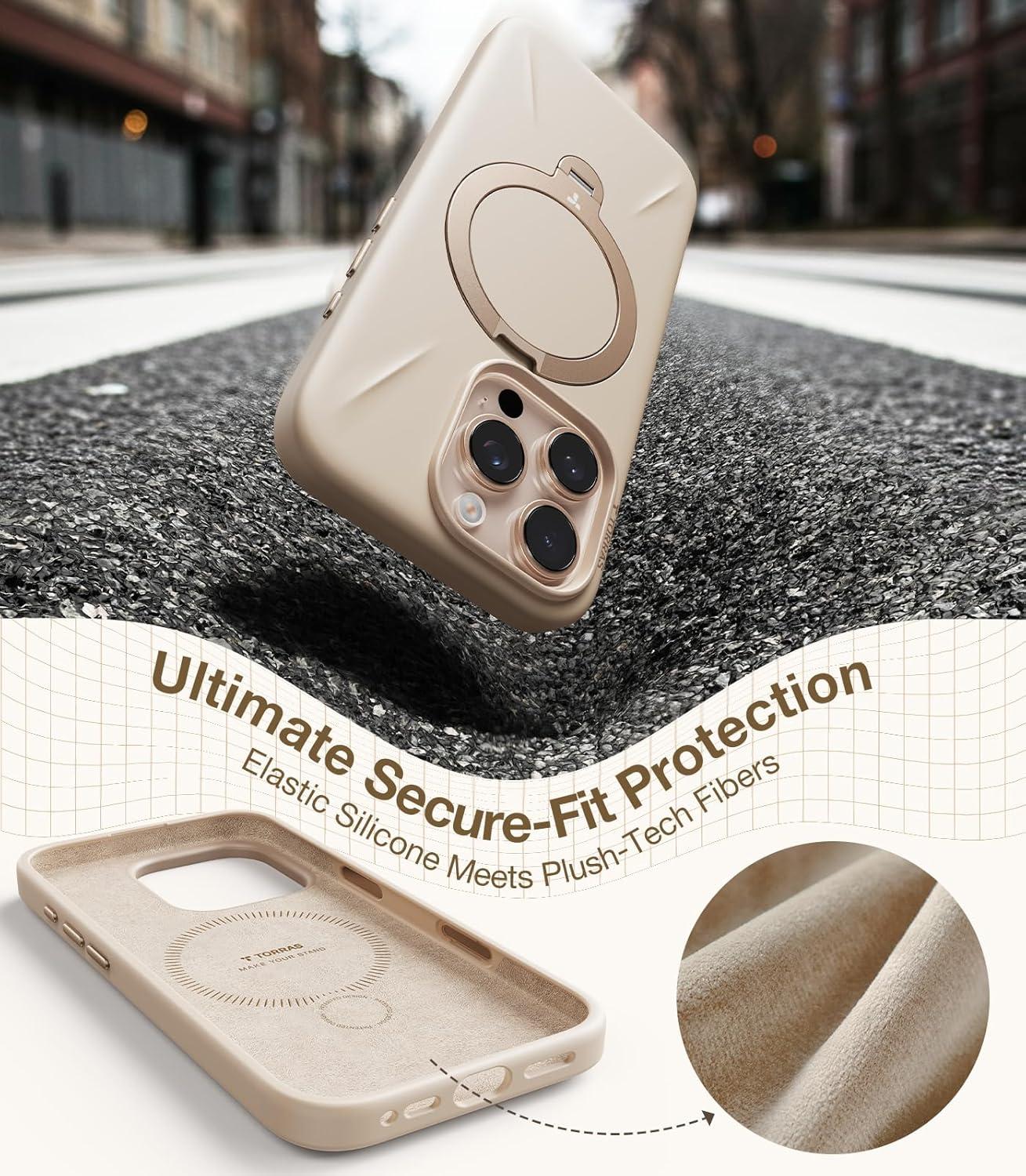 imageTORRAS Q3 Silicone for iPhone 17 Pro Max Case Stand Fit for MagSafe Liquid Silicone Soft Cozy Grip 360 Spin Magnetic Stand Camera Control Protective Case for iPhone 17 Pro Max Ivory GoldDune Beige