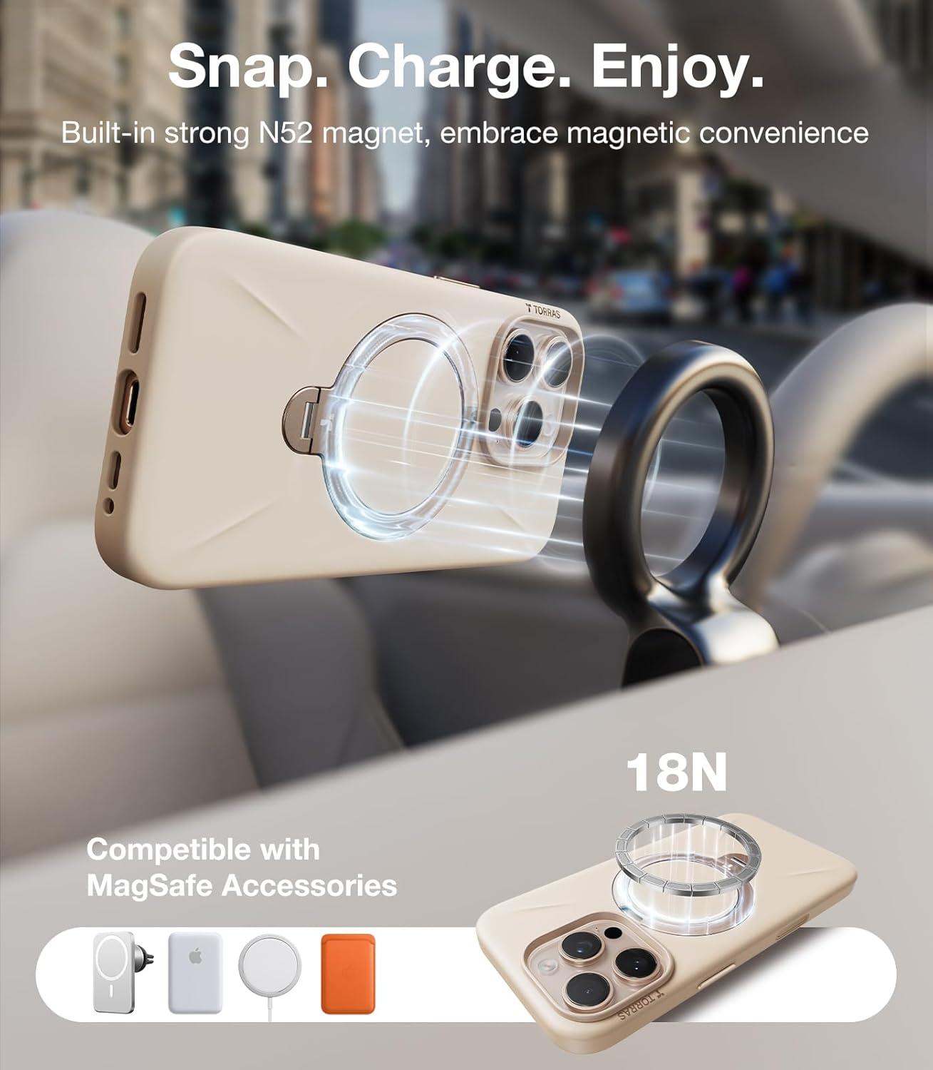 imageTORRAS Q3 Silicone for iPhone 17 Pro Max Case Stand Fit for MagSafe Liquid Silicone Soft Cozy Grip 360 Spin Magnetic Stand Camera Control Protective Case for iPhone 17 Pro Max Ivory GoldDune Beige