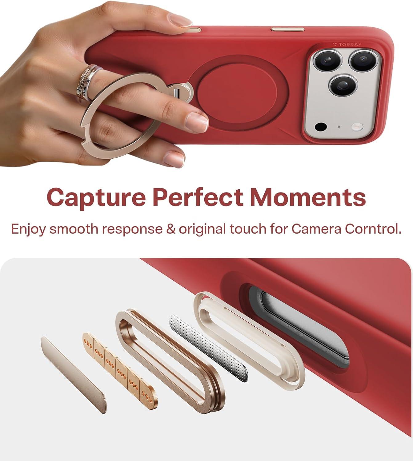 imageTORRAS Q3 Silicone for iPhone 17 Pro Max Case Stand Fit for MagSafe Liquid Silicone Soft Cozy Grip 360 Spin Magnetic Stand Camera Control Protective Case for iPhone 17 Pro Max Ivory GoldRed