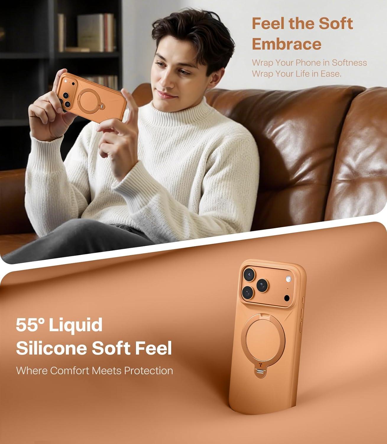 imageTORRAS Q3 Silicone for iPhone 17 Pro Max Case Stand Fit for MagSafe Liquid Silicone Soft Cozy Grip 360 Spin Magnetic Stand Camera Control Protective Case for iPhone 17 Pro Max Ivory GoldPastel Orange