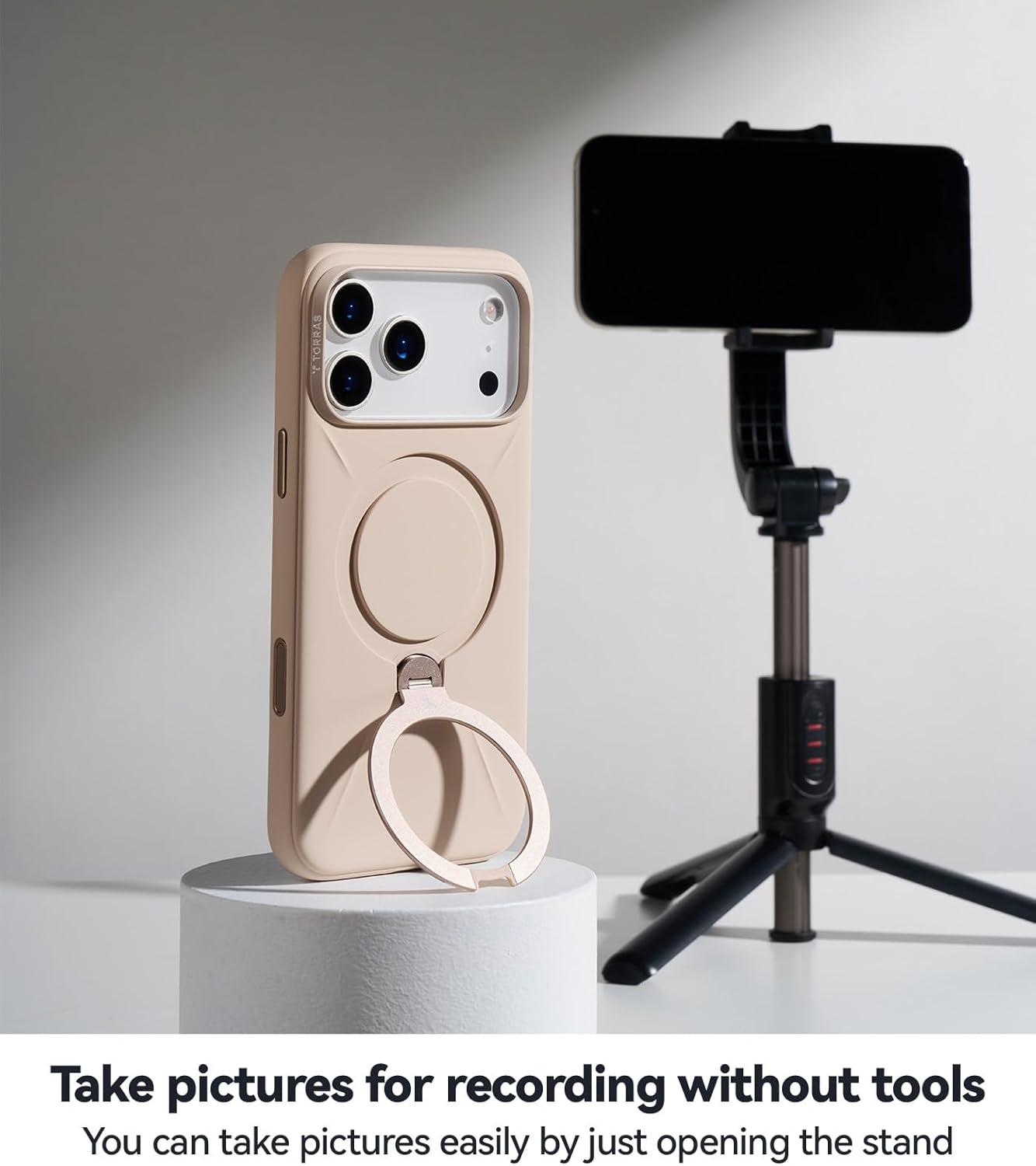 imageTORRAS Q3 Silicone for iPhone 17 Pro Max Case Stand Fit for MagSafe Liquid Silicone Soft Cozy Grip 360 Spin Magnetic Stand Camera Control Protective Case for iPhone 17 Pro Max Ivory GoldDune Beige