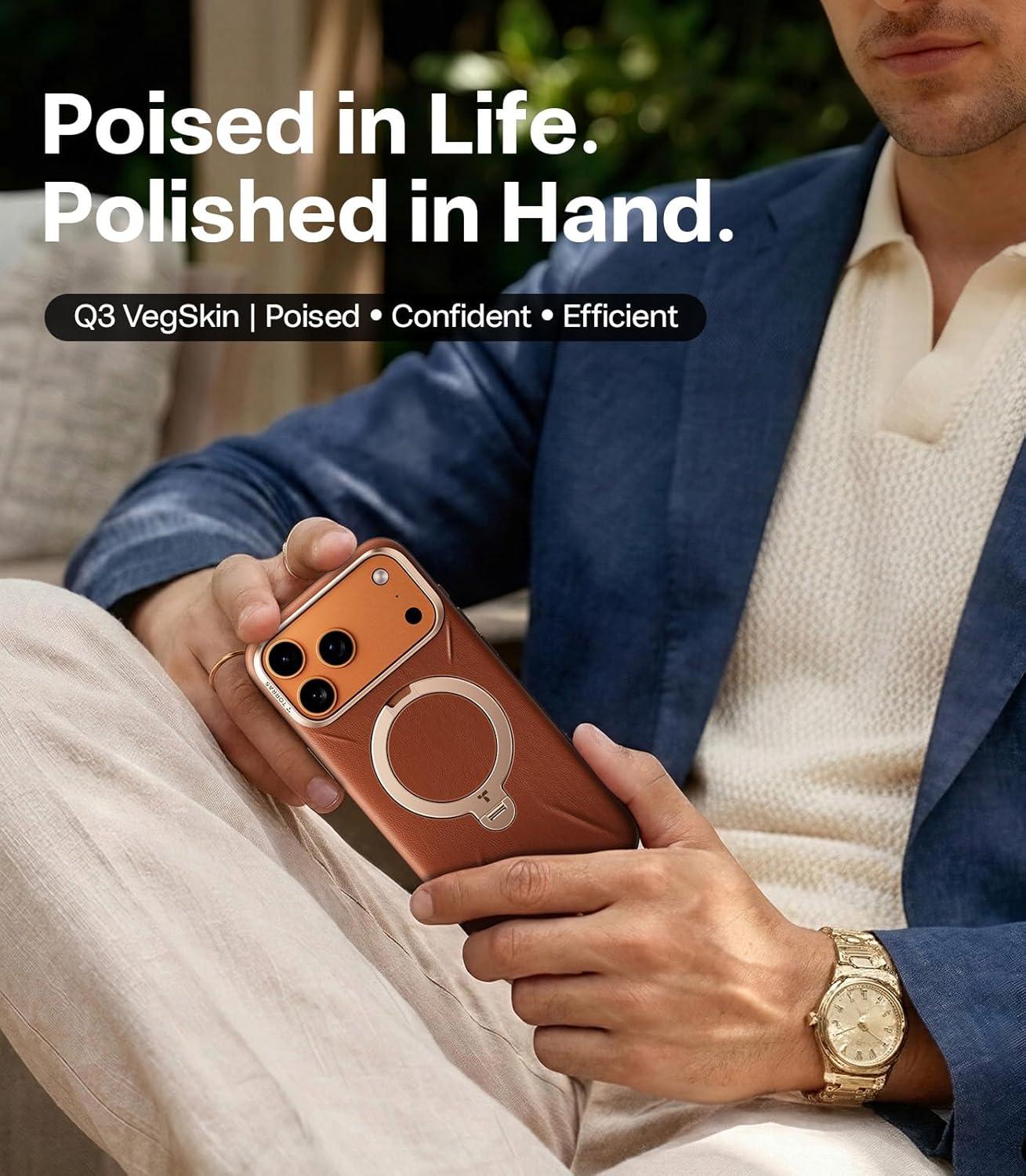 imageTORRAS Q3 VegSkin for iPhone 17 Pro Max Case Leather 360 Spin Magnetic Stand Fit for MagSafe Camera Control Shockproof Premium Organic Silicone Leather Case for iPhone 17 Pro Max Saddle BrownSaddle Brown