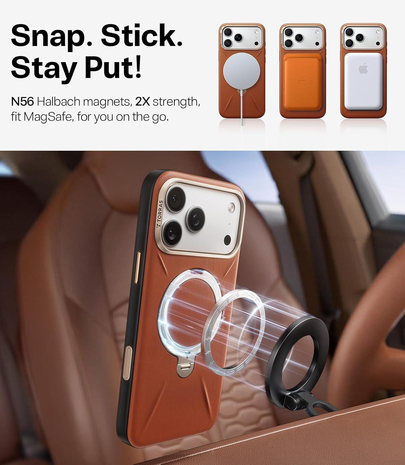 imageTORRAS Q3 VegSkin for iPhone 17 Pro Max Case Leather 360 Spin Magnetic Stand Fit for MagSafe Camera Control Shockproof Premium Organic Silicone Leather Case for iPhone 17 Pro Max Saddle BrownSaddle Brown