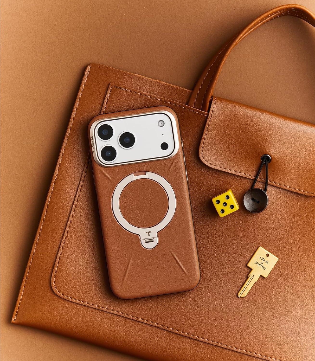 imageTORRAS Q3 VegSkin for iPhone 17 Pro Max Case Leather 360 Spin Magnetic Stand Fit for MagSafe Camera Control Shockproof Premium Organic Silicone Leather Case for iPhone 17 Pro Max Saddle BrownSaddle Brown