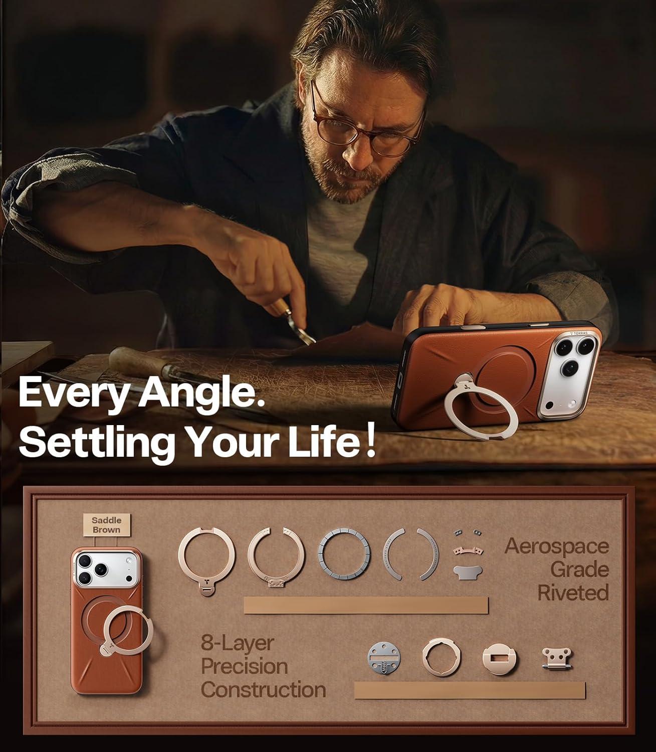 imageTORRAS Q3 VegSkin for iPhone 17 Pro Max Case Leather 360 Spin Magnetic Stand Fit for MagSafe Camera Control Shockproof Premium Organic Silicone Leather Case for iPhone 17 Pro Max Saddle BrownSaddle Brown