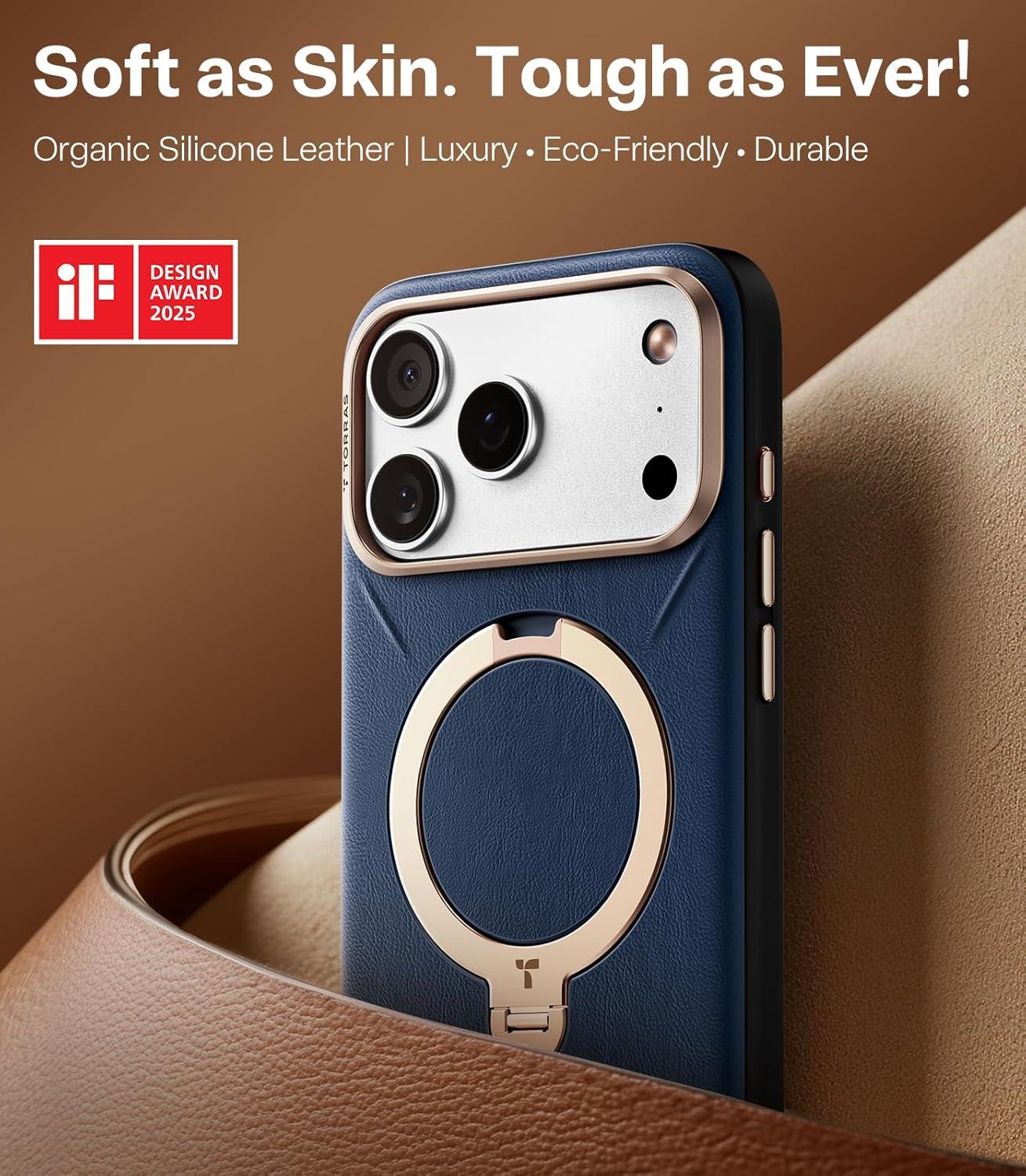 imageTORRAS Q3 VegSkin for iPhone 17 Pro Max Case Leather 360 Spin Magnetic Stand Fit for MagSafe Camera Control Shockproof Premium Organic Silicone Leather Case for iPhone 17 Pro Max Saddle BrownMidnight Black