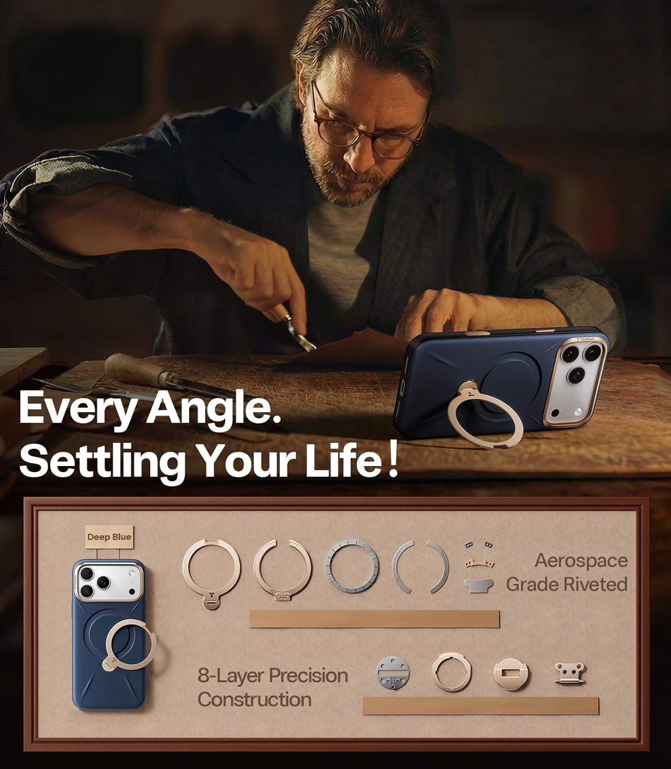 imageTORRAS Q3 VegSkin for iPhone 17 Pro Max Case Leather 360 Spin Magnetic Stand Fit for MagSafe Camera Control Shockproof Premium Organic Silicone Leather Case for iPhone 17 Pro Max Saddle BrownMidnight Black