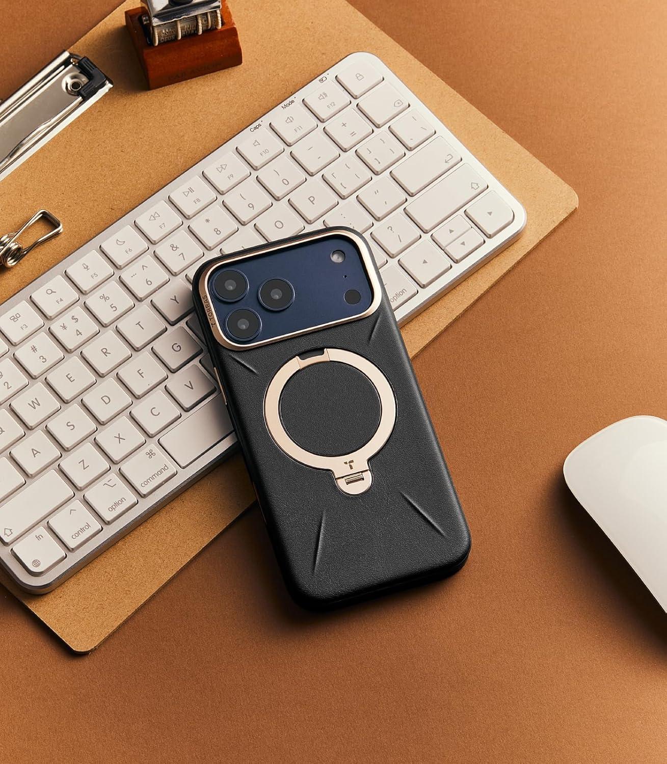 imageTORRAS Q3 VegSkin for iPhone 17 Pro Max Case Leather 360 Spin Magnetic Stand Fit for MagSafe Camera Control Shockproof Premium Organic Silicone Leather Case for iPhone 17 Pro Max Saddle BrownMidnight Black