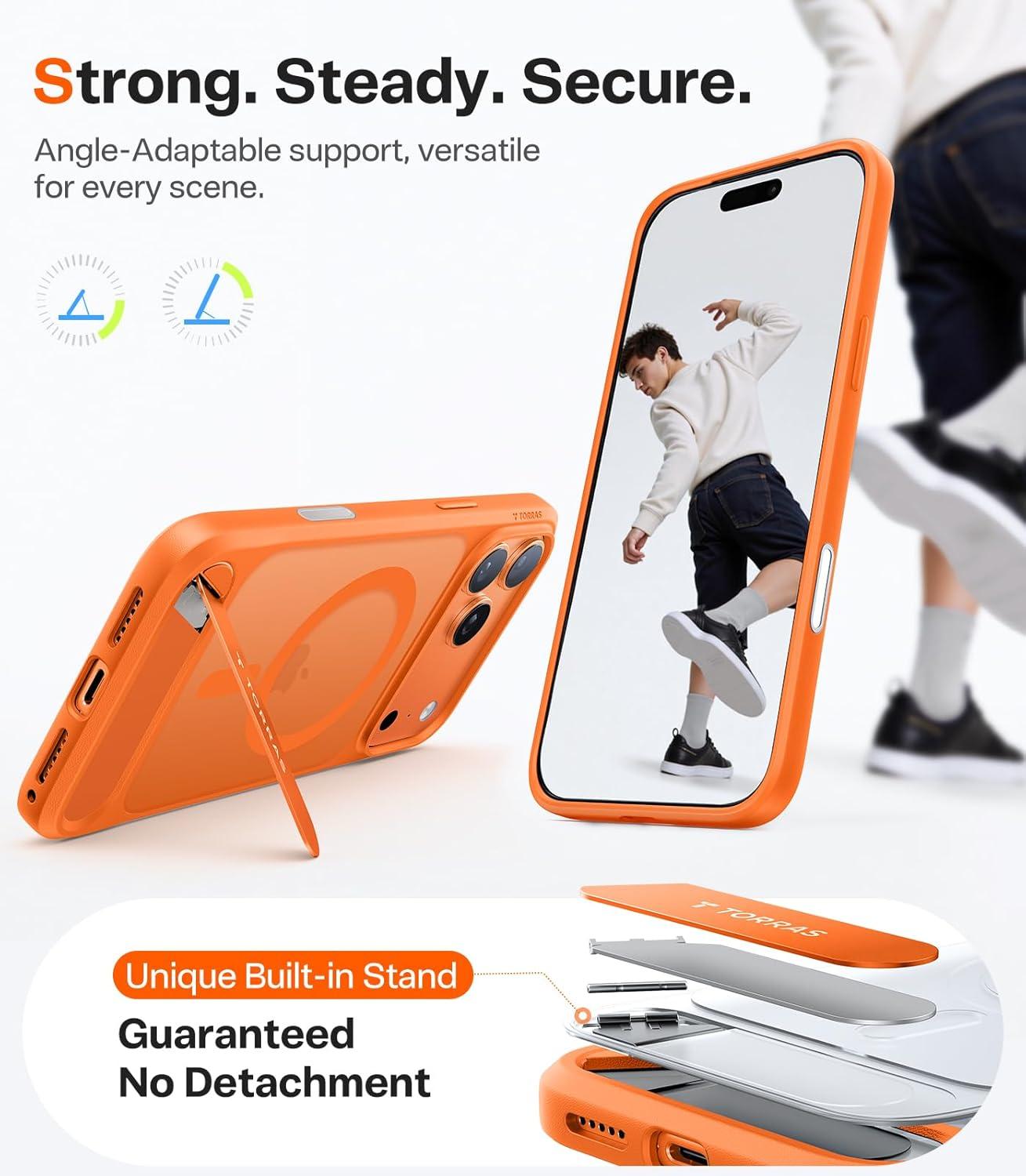 imageTORRAS Strong Magnetic amp Seamless Stand for iPhone 16 Pro Case 18N Mighty Magnetic 12FT MilGrade Drop Tested Fit for MagSafe Kickstand Protective Slim Phone Case for iPhone 16 Pro 63 BlackBright Orange17 Pro